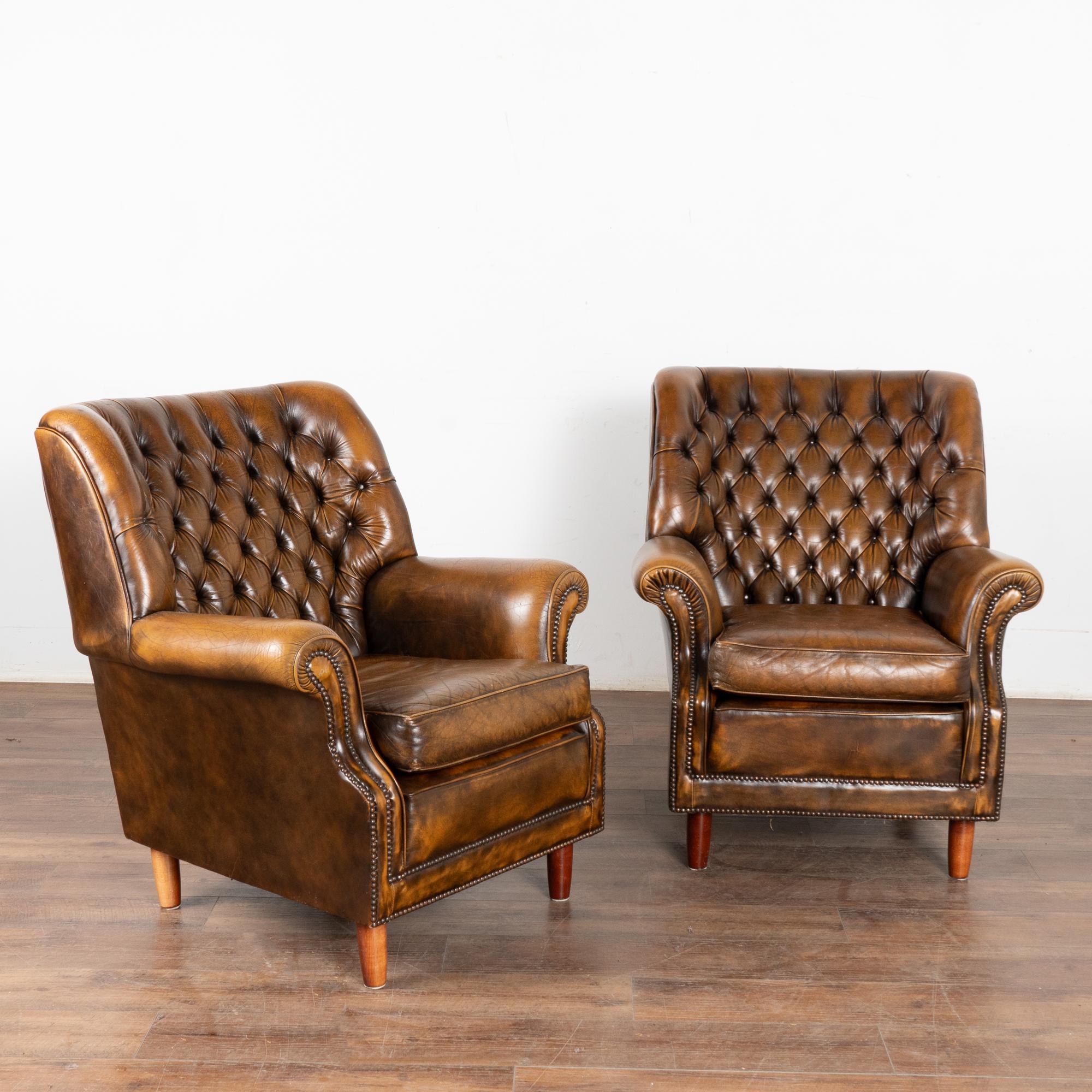 Danish Set of Leather Chesterfield 3 Seat Sofa & Two Club Armchairs, Denmark circa 1980