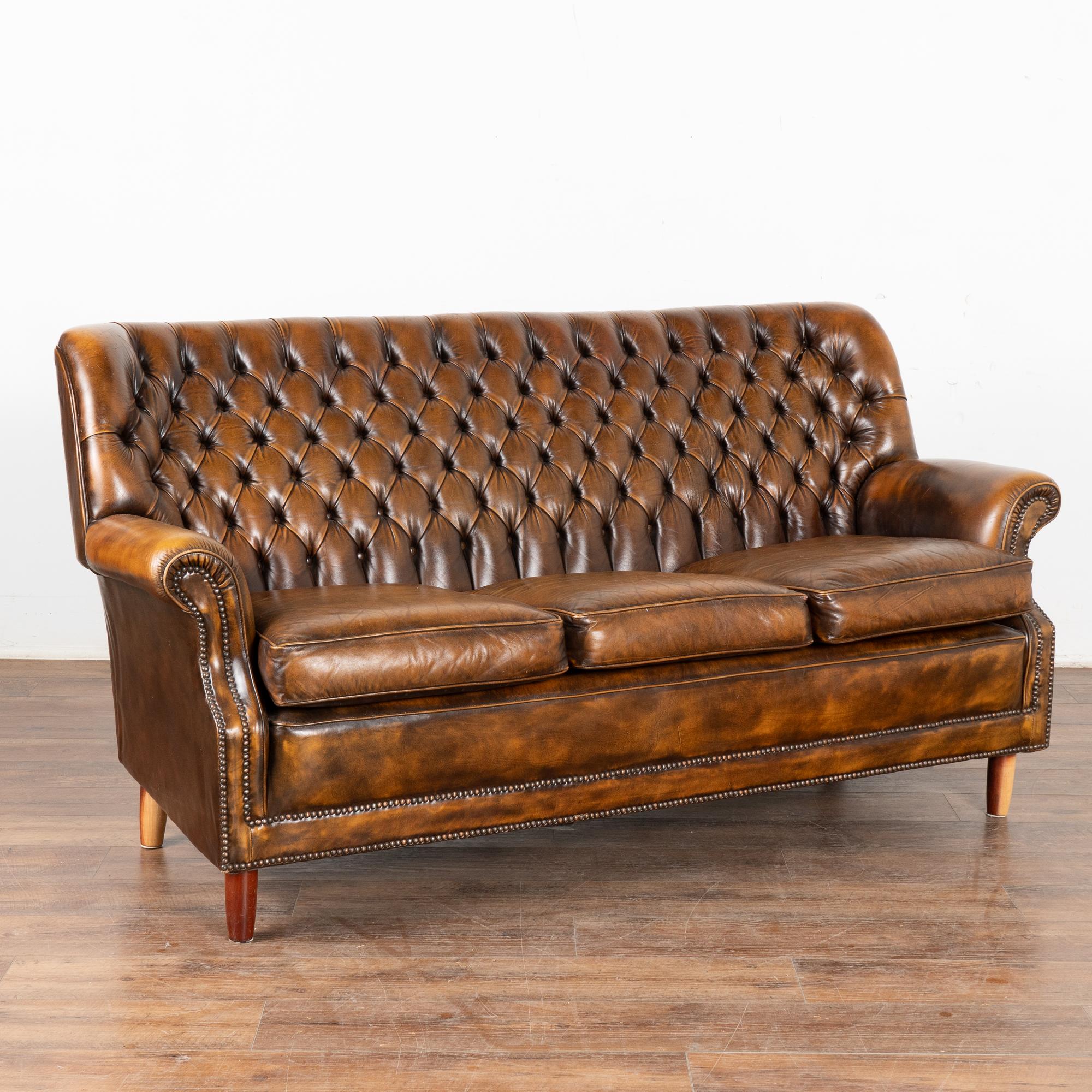 Set of Leather Chesterfield 3 Seat Sofa & Two Club Armchairs, Denmark circa 1980 In Fair Condition In Round Top, TX