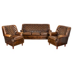 Set of Leather Chesterfield 3 Seat Sofa & Two Club Armchairs, Denmark circa 1980