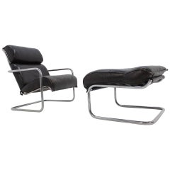 Set of Leather Design Lounge Chair and Footstool