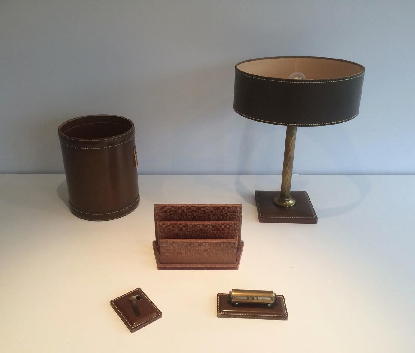 Mid-Century Modern Set of Leather Lamp, Basket, Paper Holder, Diary and Pen Holder, circa 1970 For Sale