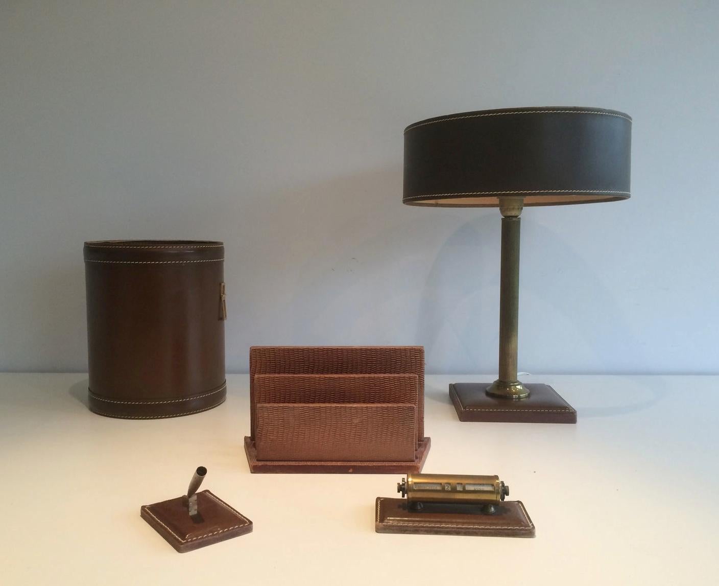 French Set of Leather Lamp, Basket, Paper Holder, Diary and Pen Holder, circa 1970 For Sale