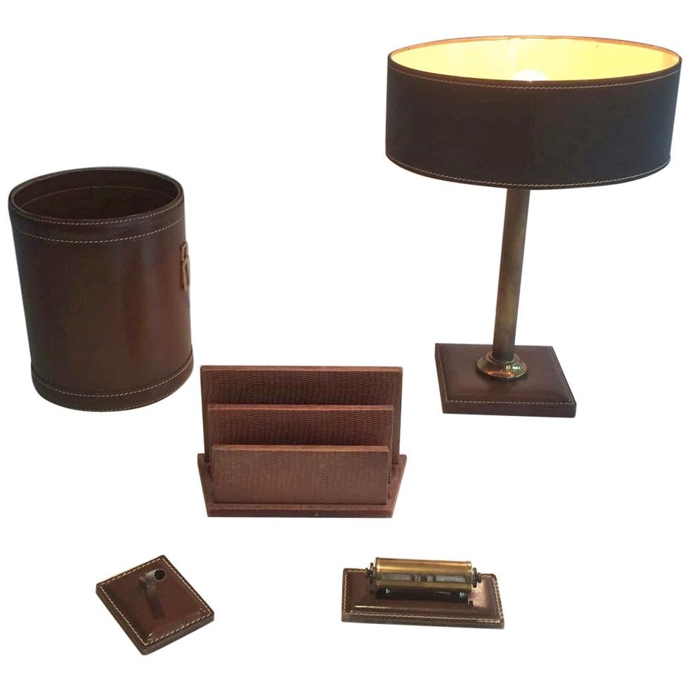 Set of Leather Lamp, Basket, Paper Holder, Diary and Pen Holder, circa 1970 For Sale
