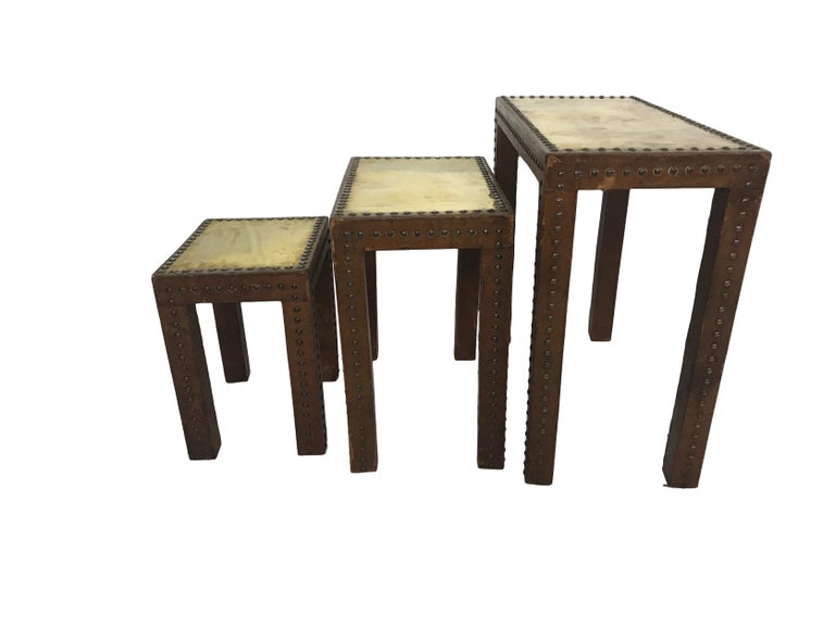 Set of Leather Wrapped Nesting Tables with Brass Tops and Brass Tack