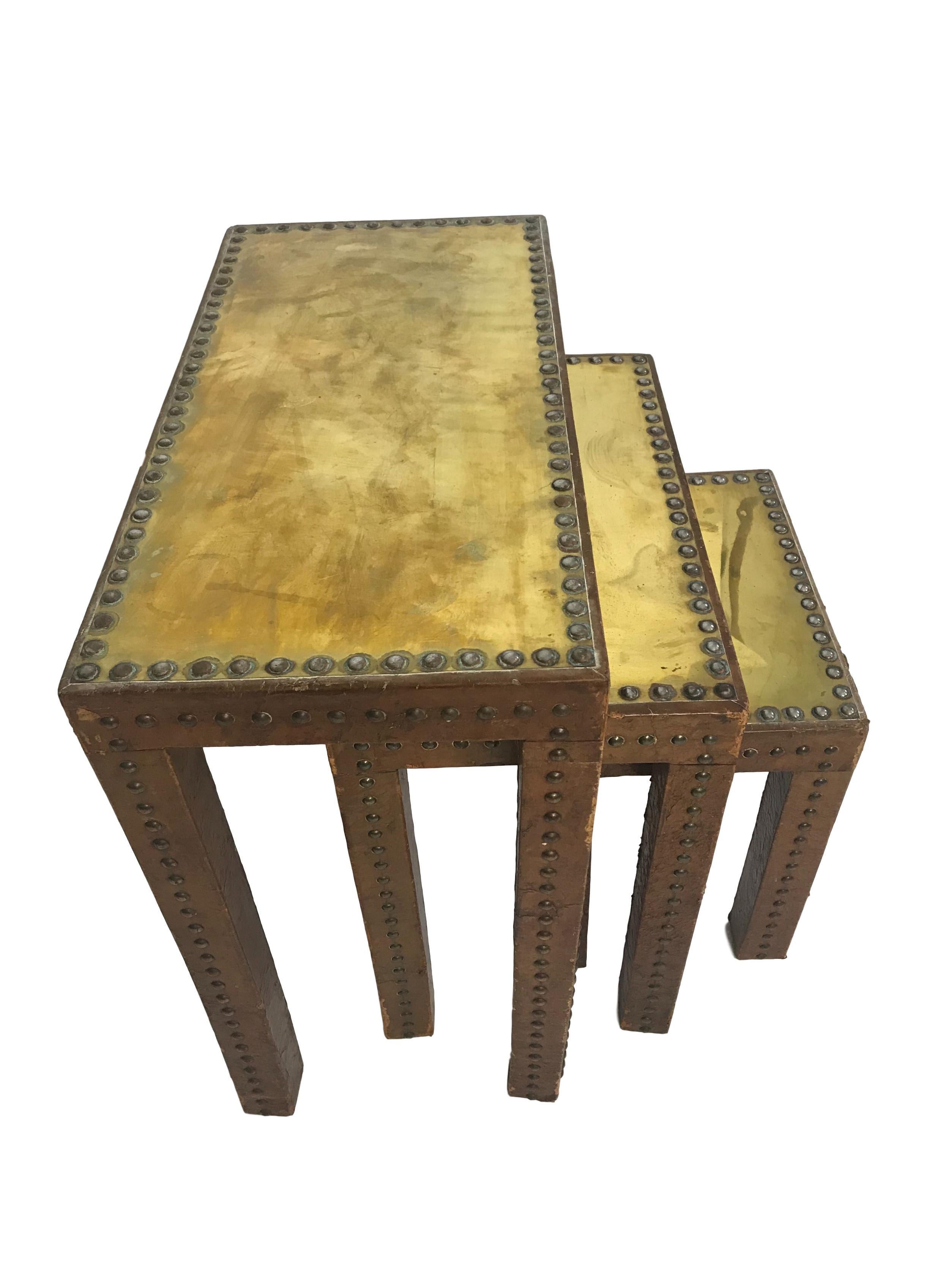 Italian Set of Leather Wrapped Nesting Tables with Brass Tops and Brass Tack Detail