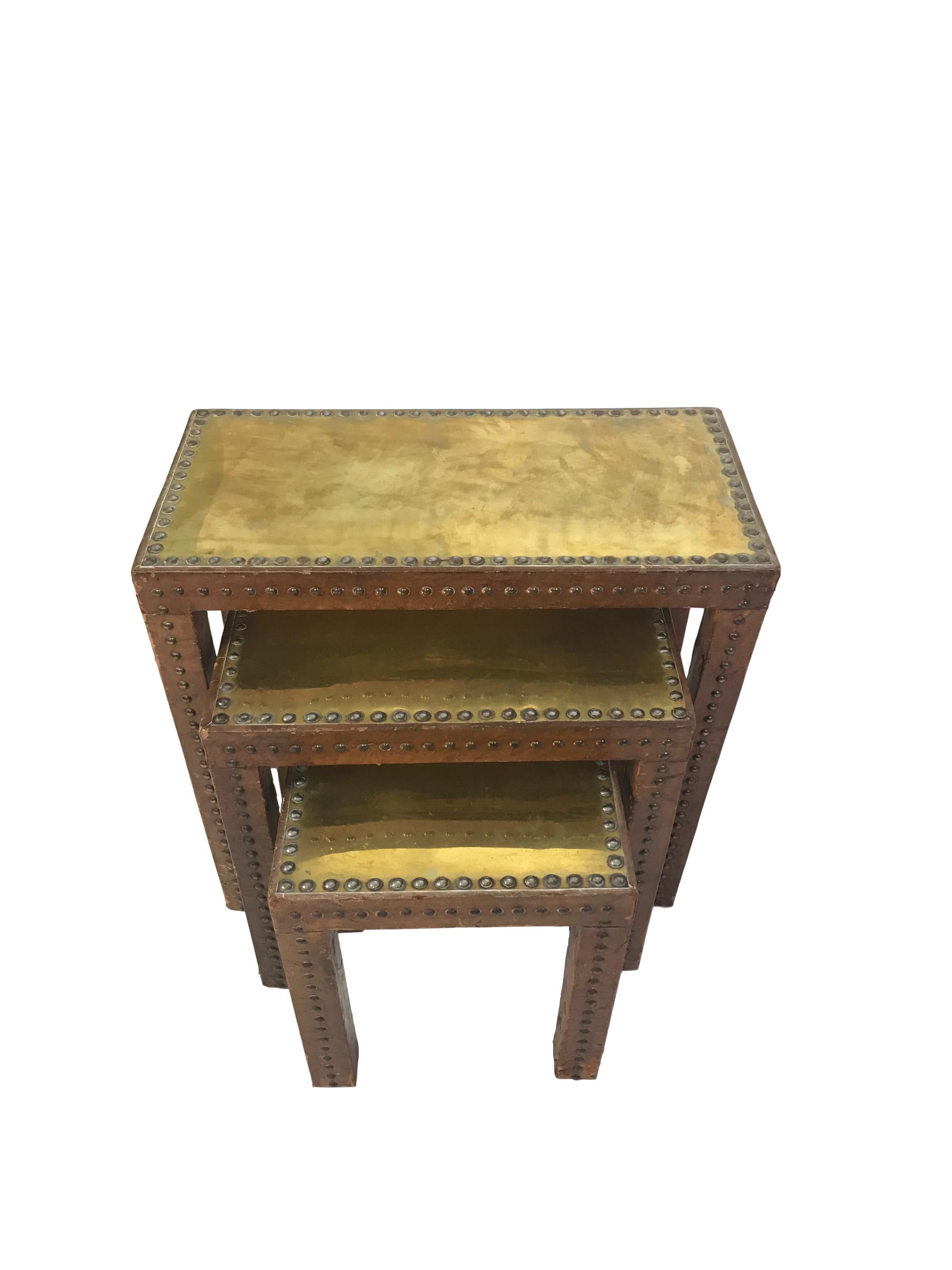 Set of Leather Wrapped Nesting Tables with Brass Tops and Brass Tack Detail In Good Condition In Seattle, WA
