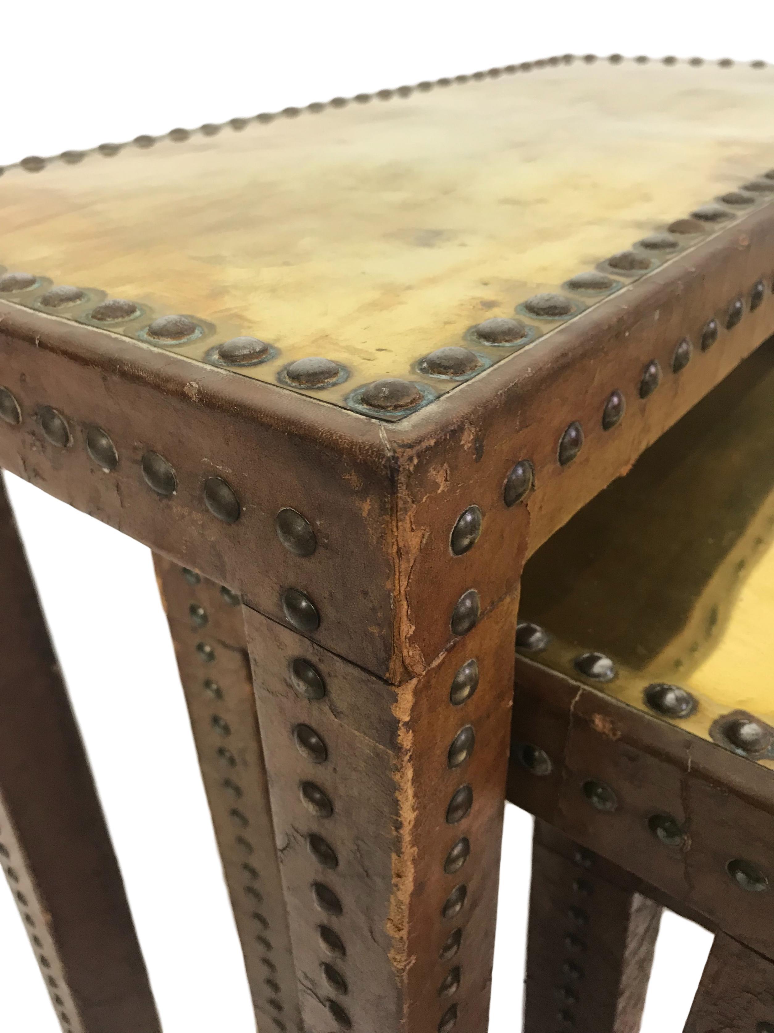 Set of Leather Wrapped Nesting Tables with Brass Tops and Brass Tack Detail 1