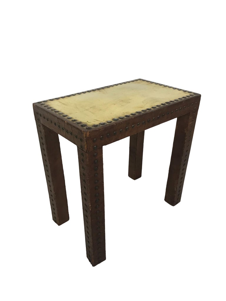Set of Leather Wrapped Nesting Tables with Brass Tops and Brass Tack