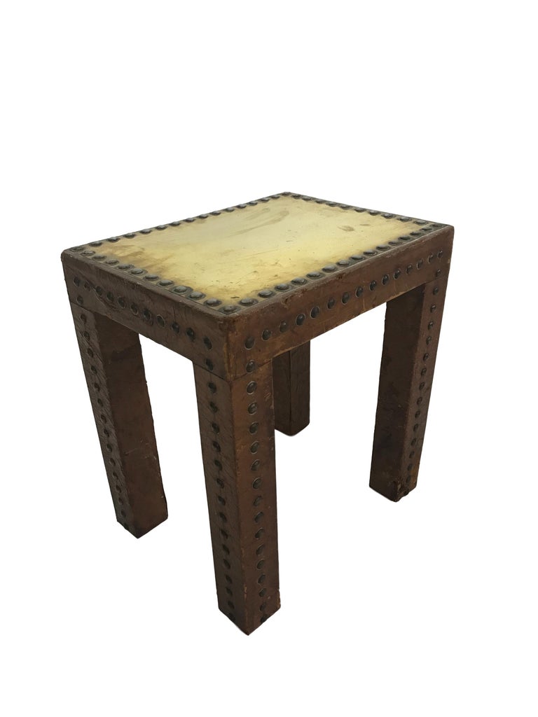 Set of Leather Wrapped Nesting Tables with Brass Tops and Brass Tack
