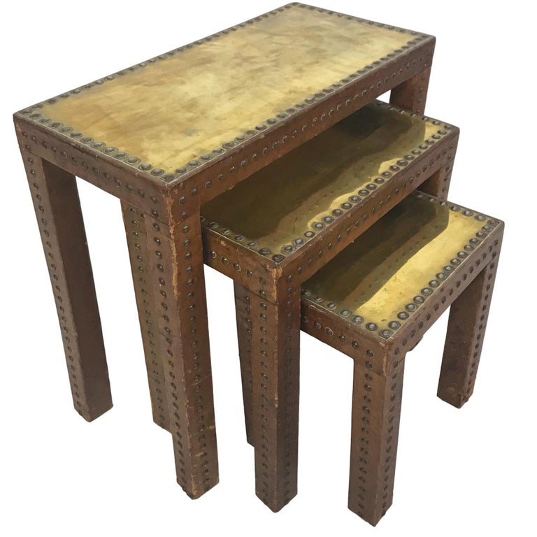 Set of Leather Wrapped Nesting Tables with Brass Tops and Brass Tack