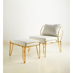 Set of Lena Armchair and Stool – Brass Frame & White Upholstery by Masaya
