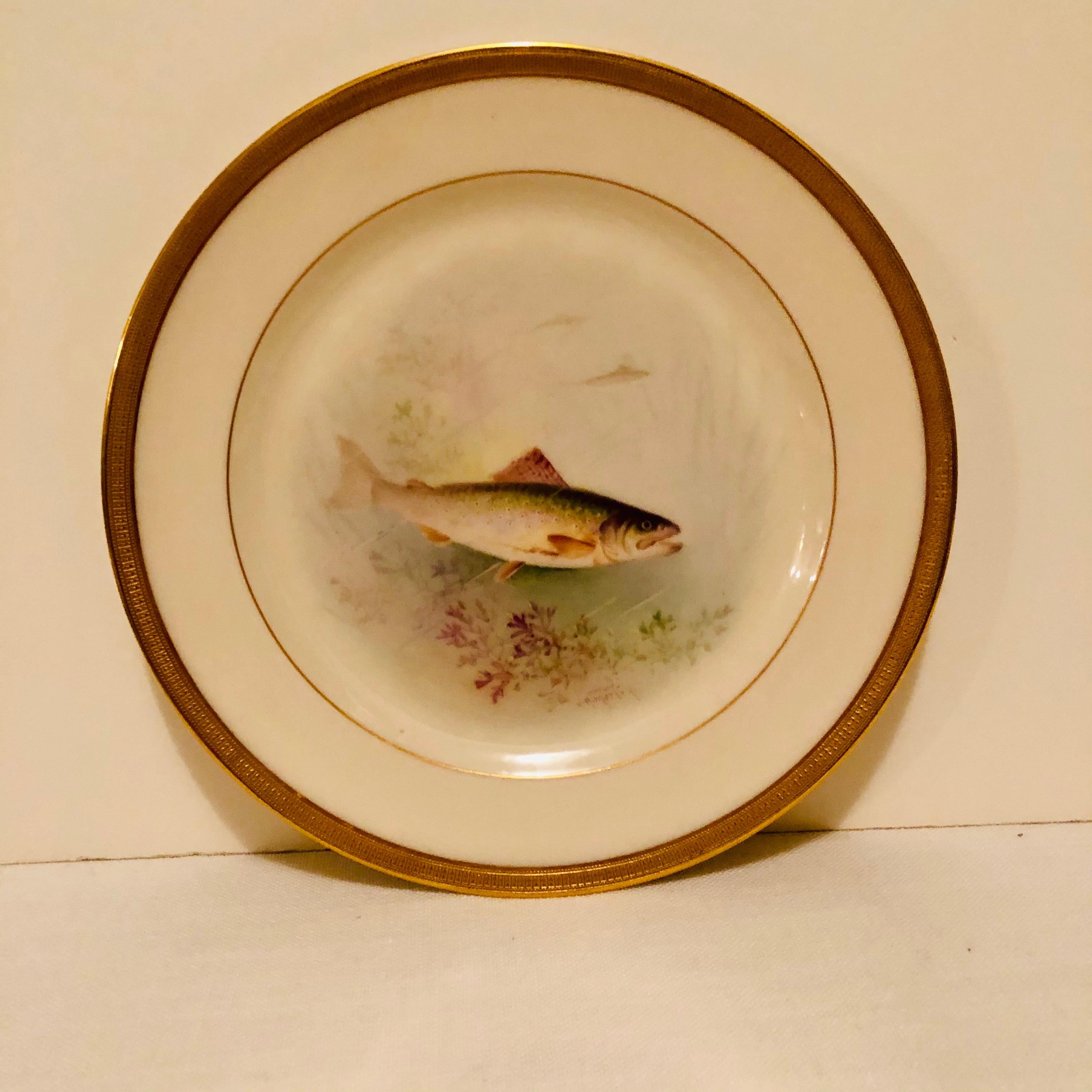 Porcelain Set of Lenox Fish Plates Each Painted with Different Fish Artist Signed Morley