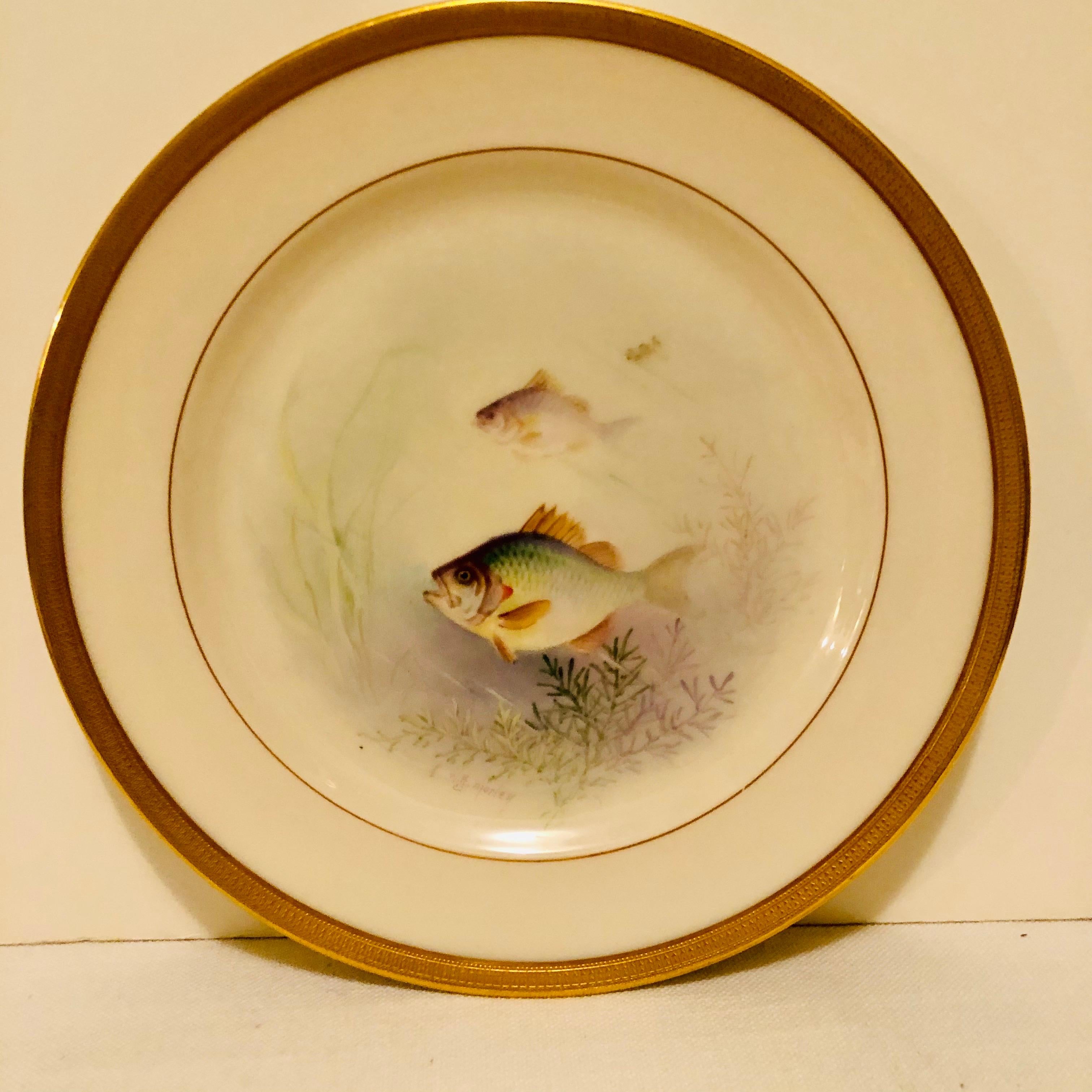 Hand-Painted Set of Lenox Fish Plates Each Painted with Different Fish Artist Signed Morley