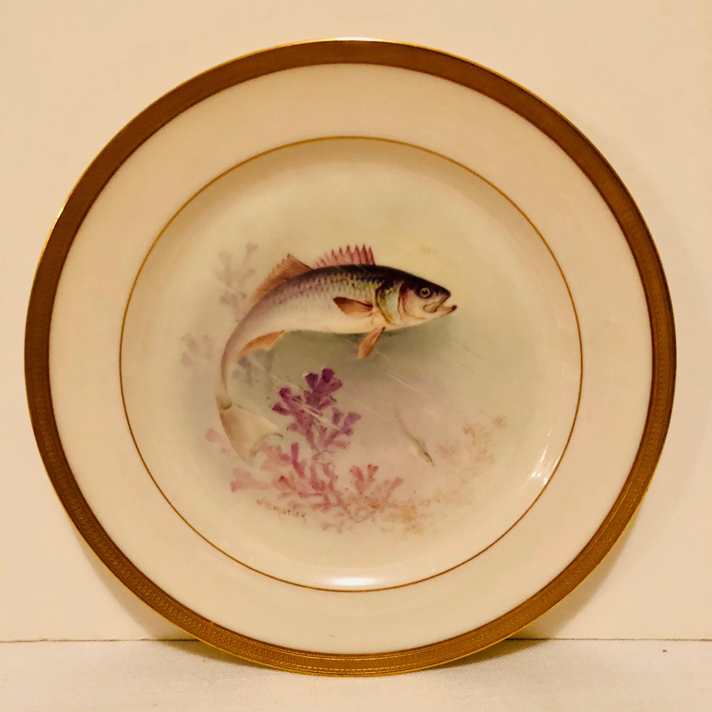 Set of Lenox Fish Plates Each Painted with Different Fish Artist Signed Morley In Good Condition In Boston, MA