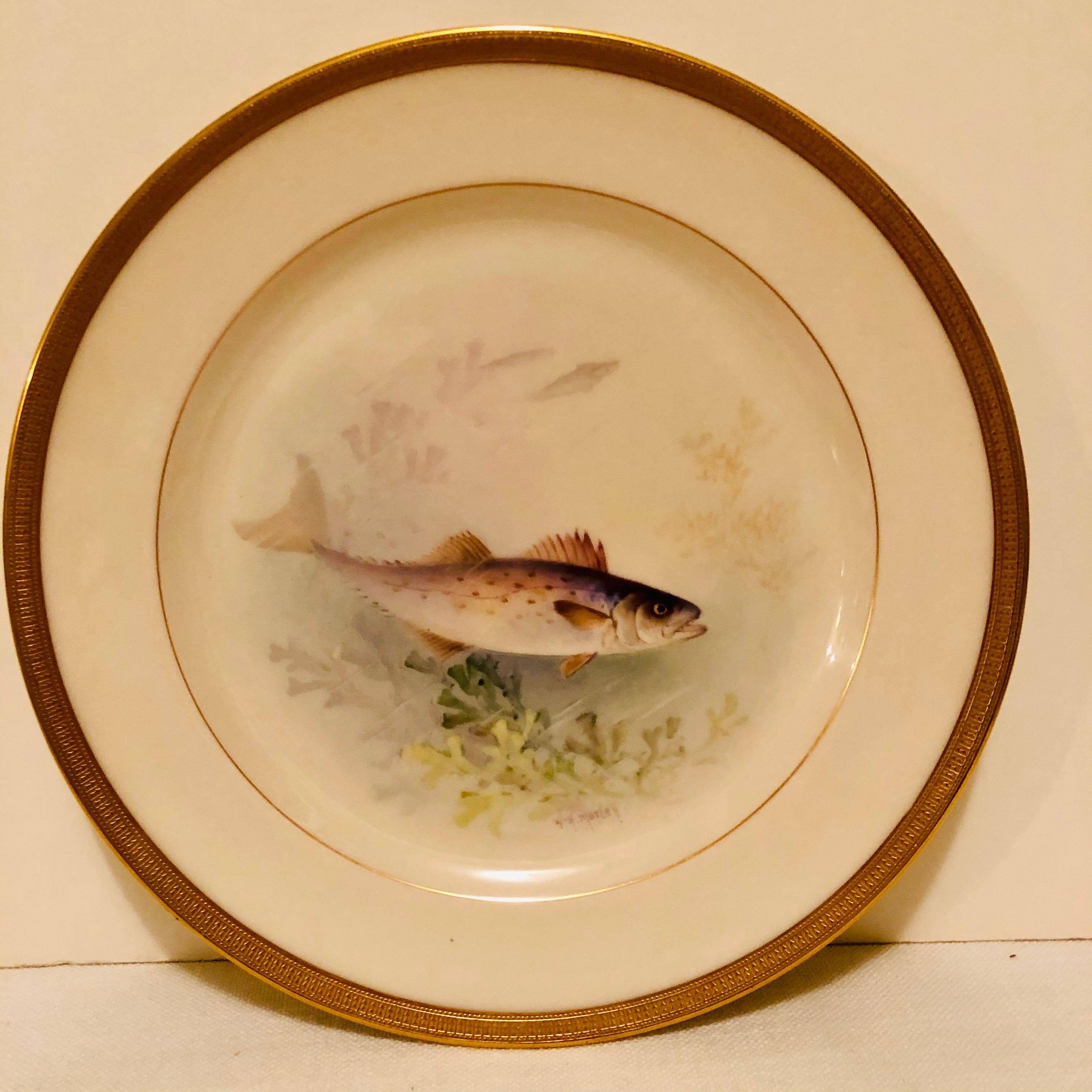 Early 20th Century Set of Lenox Fish Plates Each Painted with Different Fish Artist Signed Morley