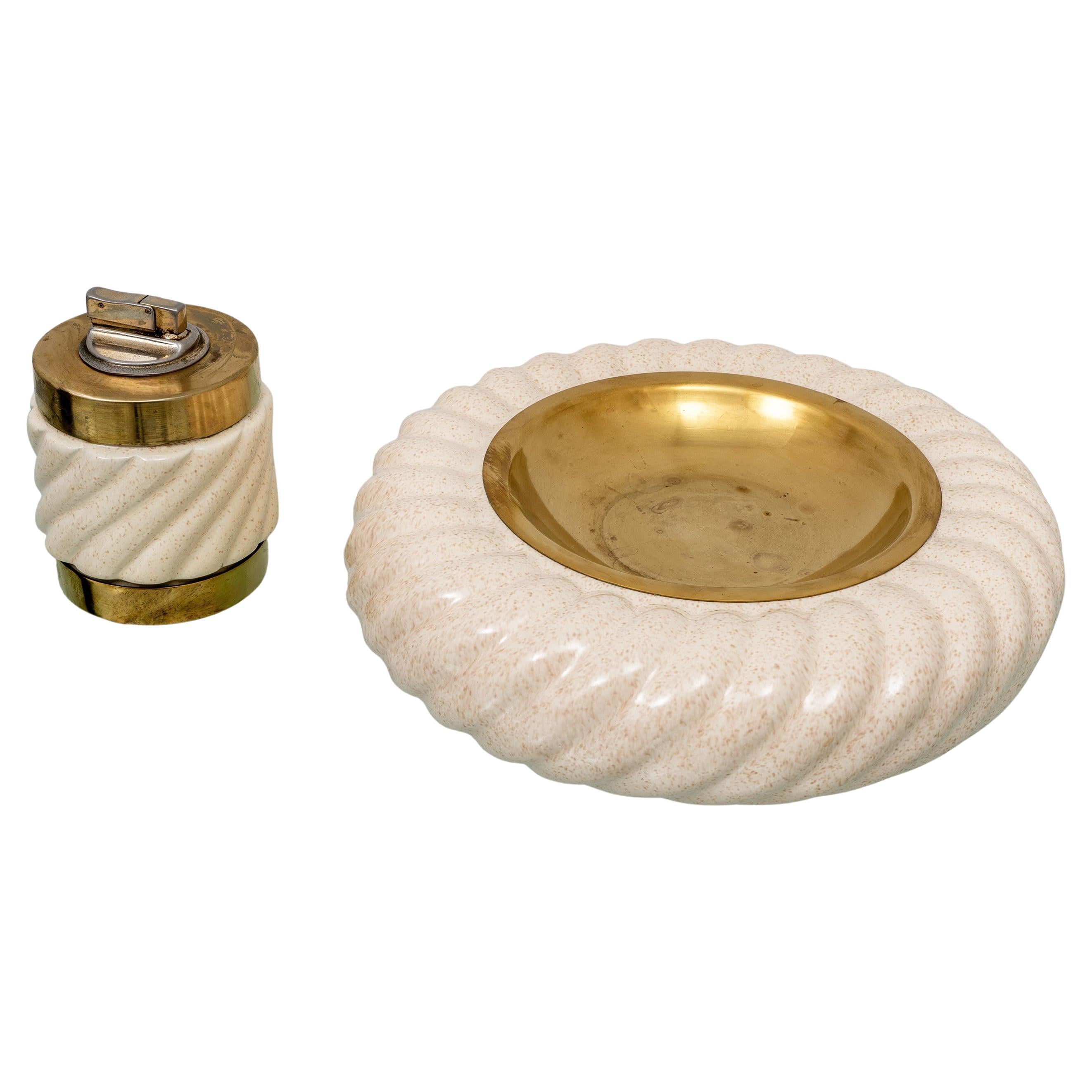 Set of lighter and ashtray in Ceramic Brass by Tommaso Barbi, Italy, 1960s