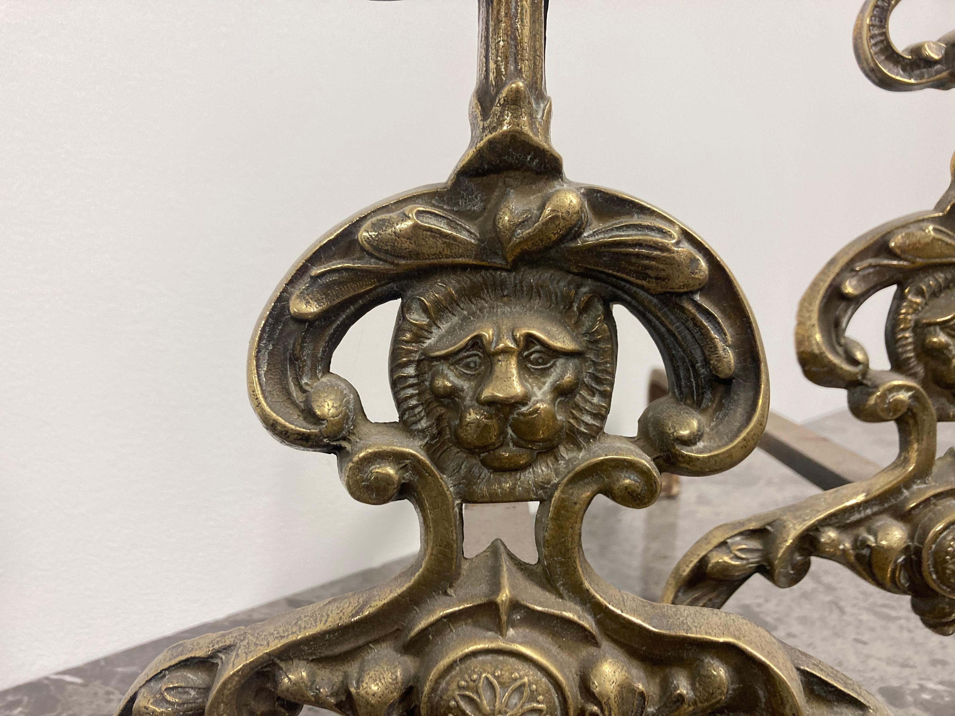 Brass Set of Lion Andirons For Sale