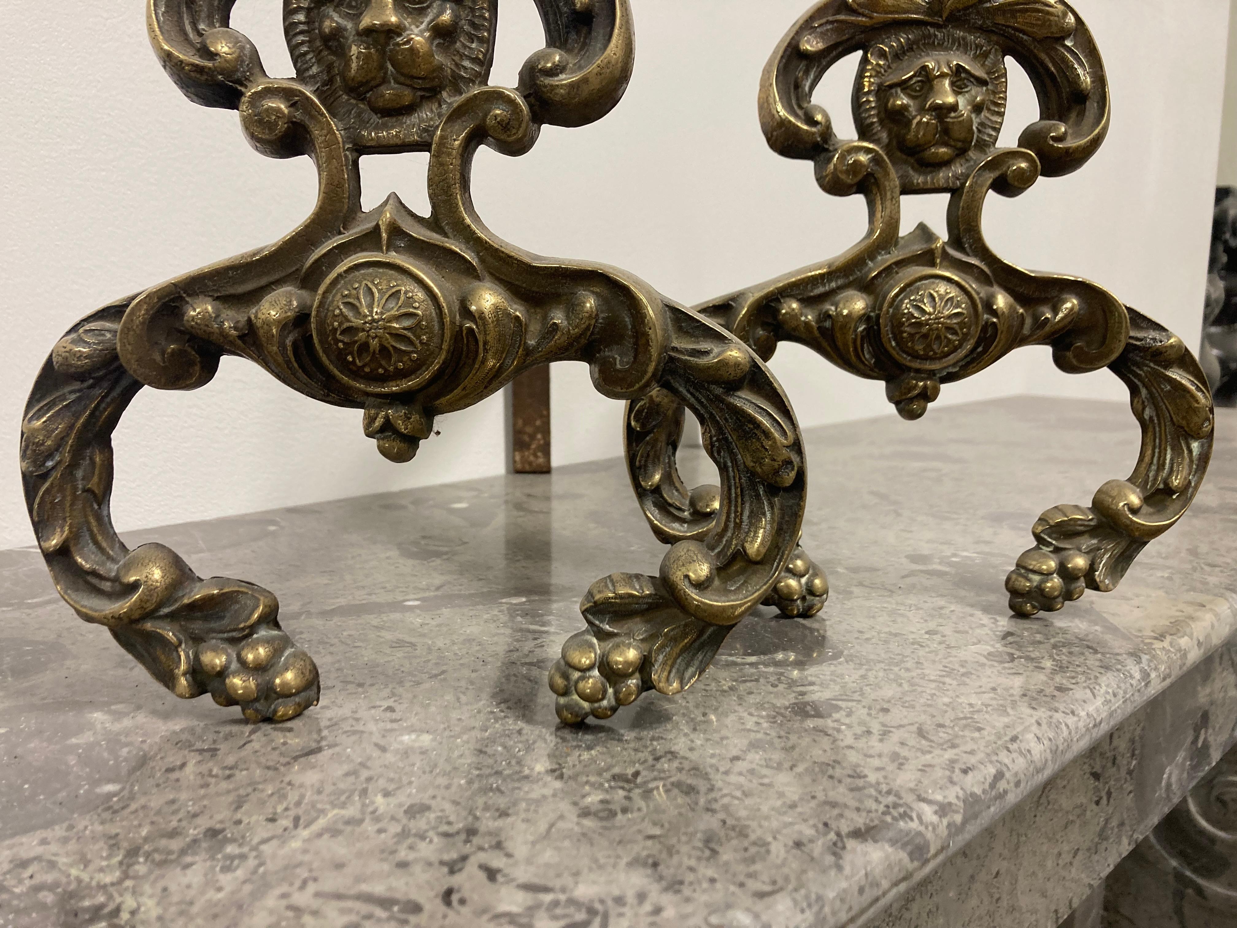 Brass Set of Lion Andirons For Sale