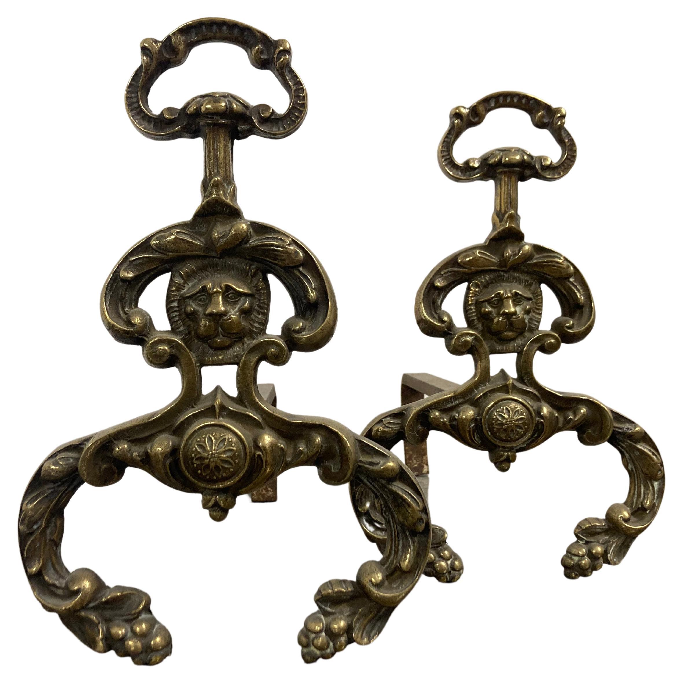 Set of Lion Andirons For Sale