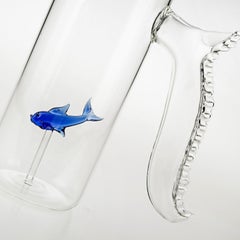 Set of Little Blue Fish Pitcher and Four Rounded Little Blue Fish Glasses