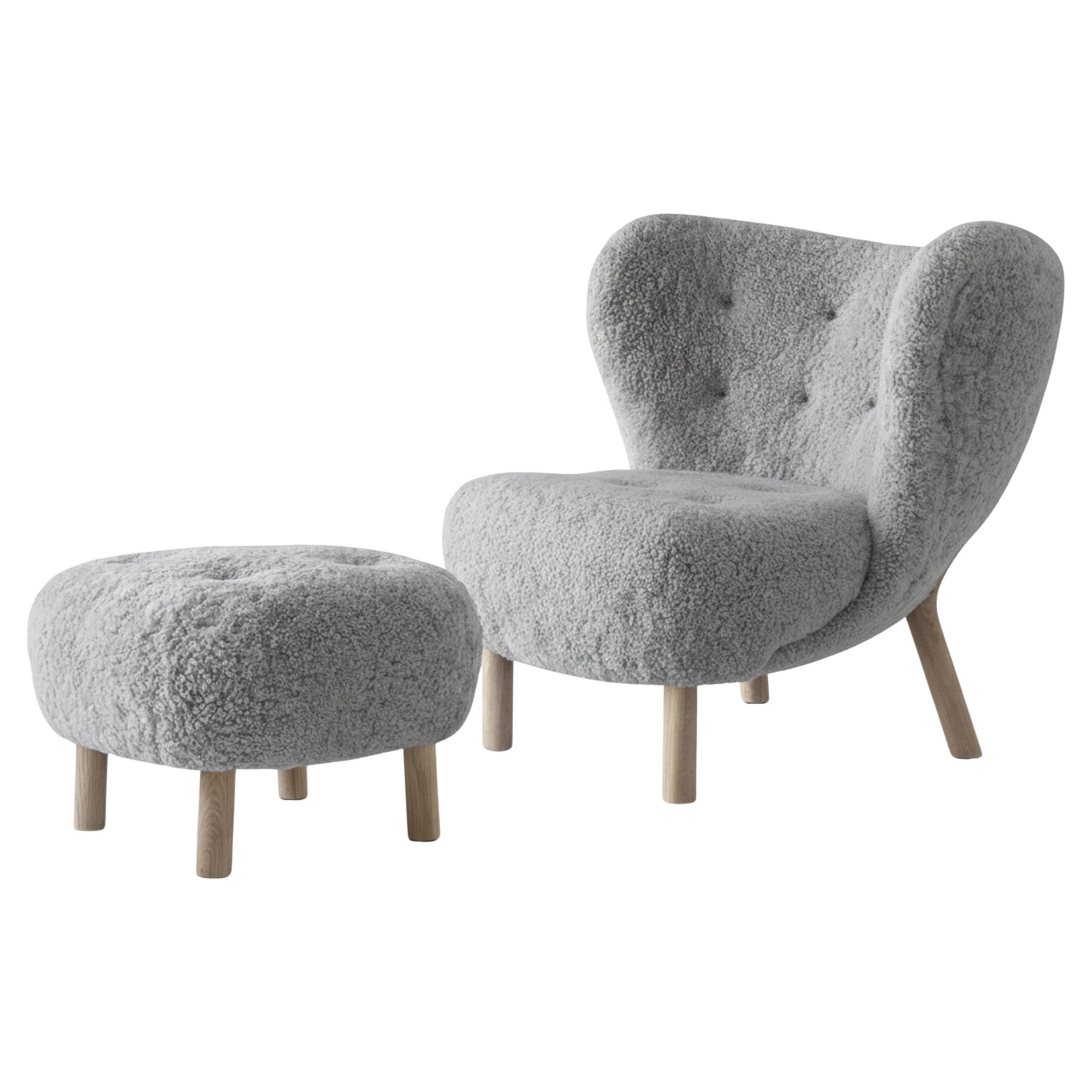 Set of Little Petra Lounge Chair 
Pouf in Sheepskin Scandinavian Grey22/Oak, &T For Sale