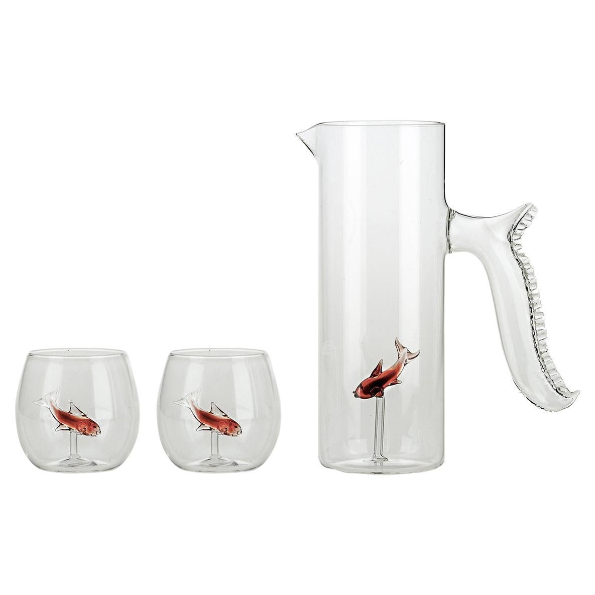 Set of Little Red Fish Pitcher and Four Rounded Little Fish Glasses For Sale