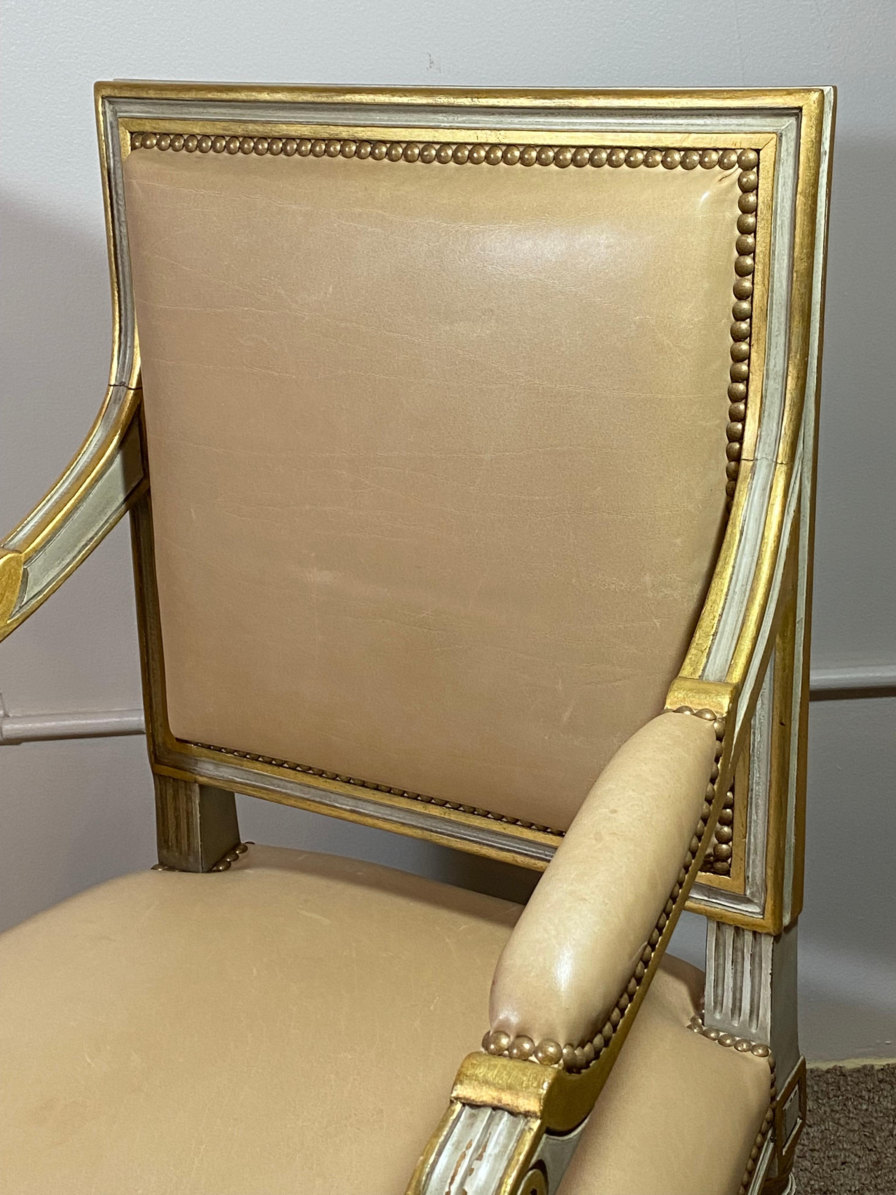 Philippe Coudray, Louis XVI, Dining Chairs, Grey Wood, Tan Leather, Paris, 2000s 3