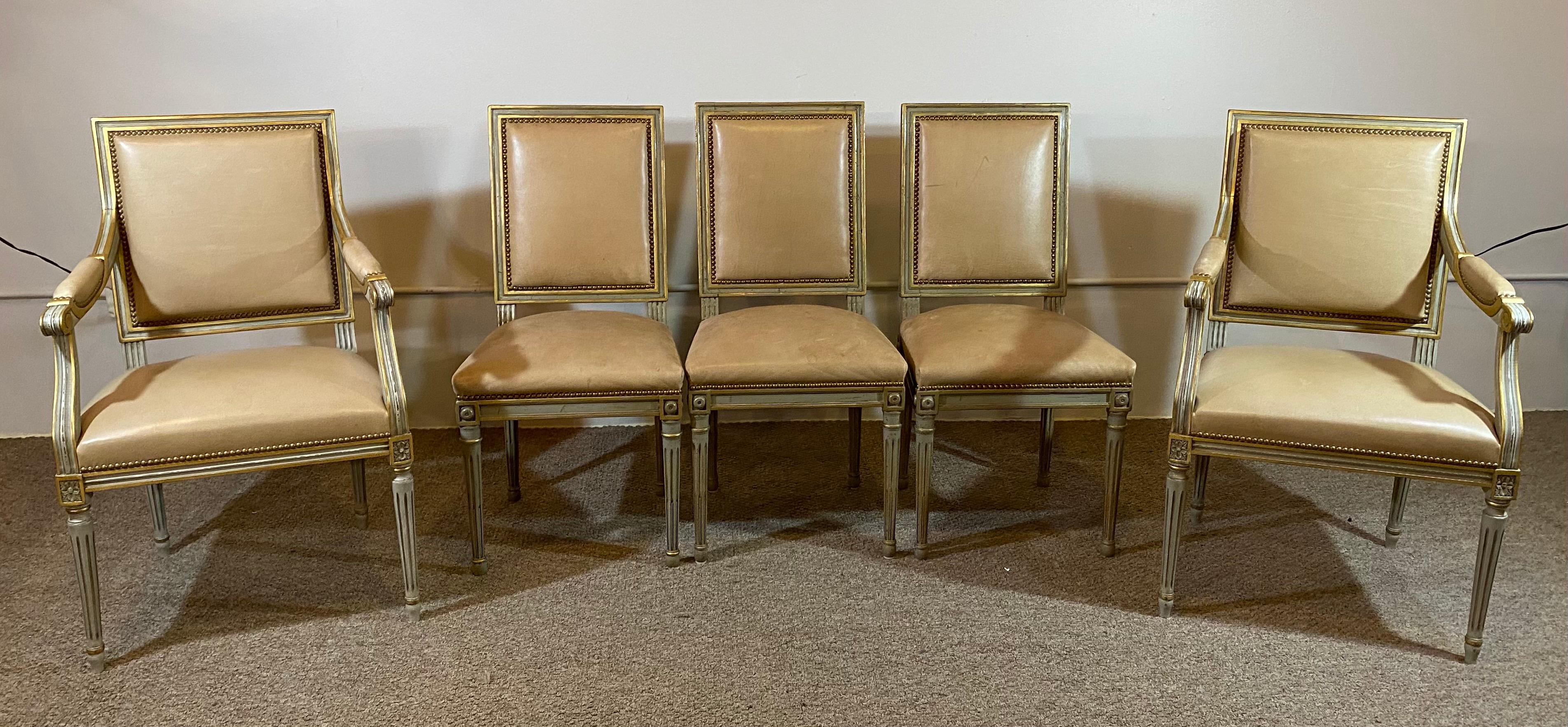 French Philippe Coudray, Louis XVI, Dining Chairs, Grey Wood, Tan Leather, Paris, 2000s