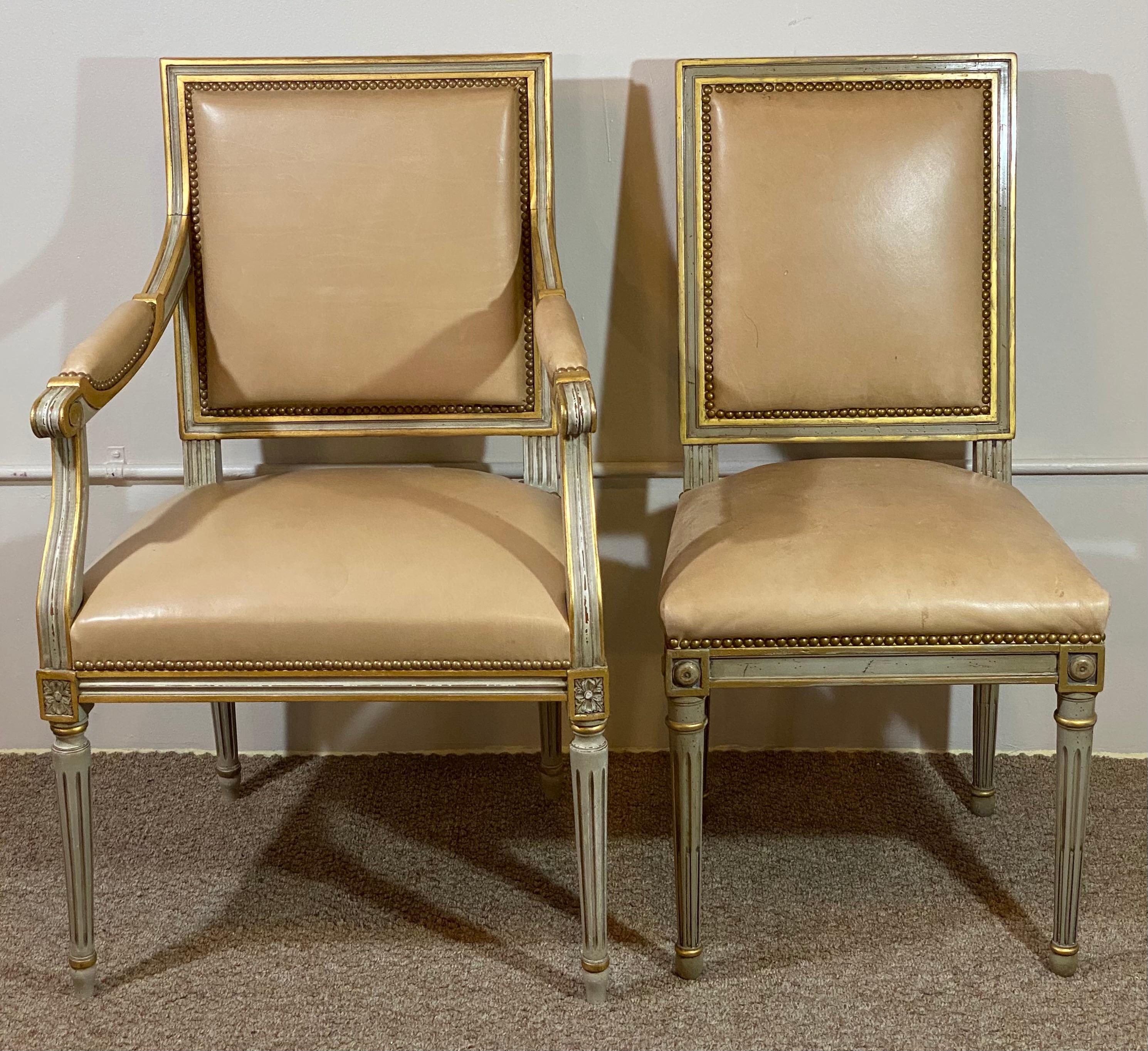 Hand-Painted Philippe Coudray, Louis XVI, Dining Chairs, Grey Wood, Tan Leather, Paris, 2000s