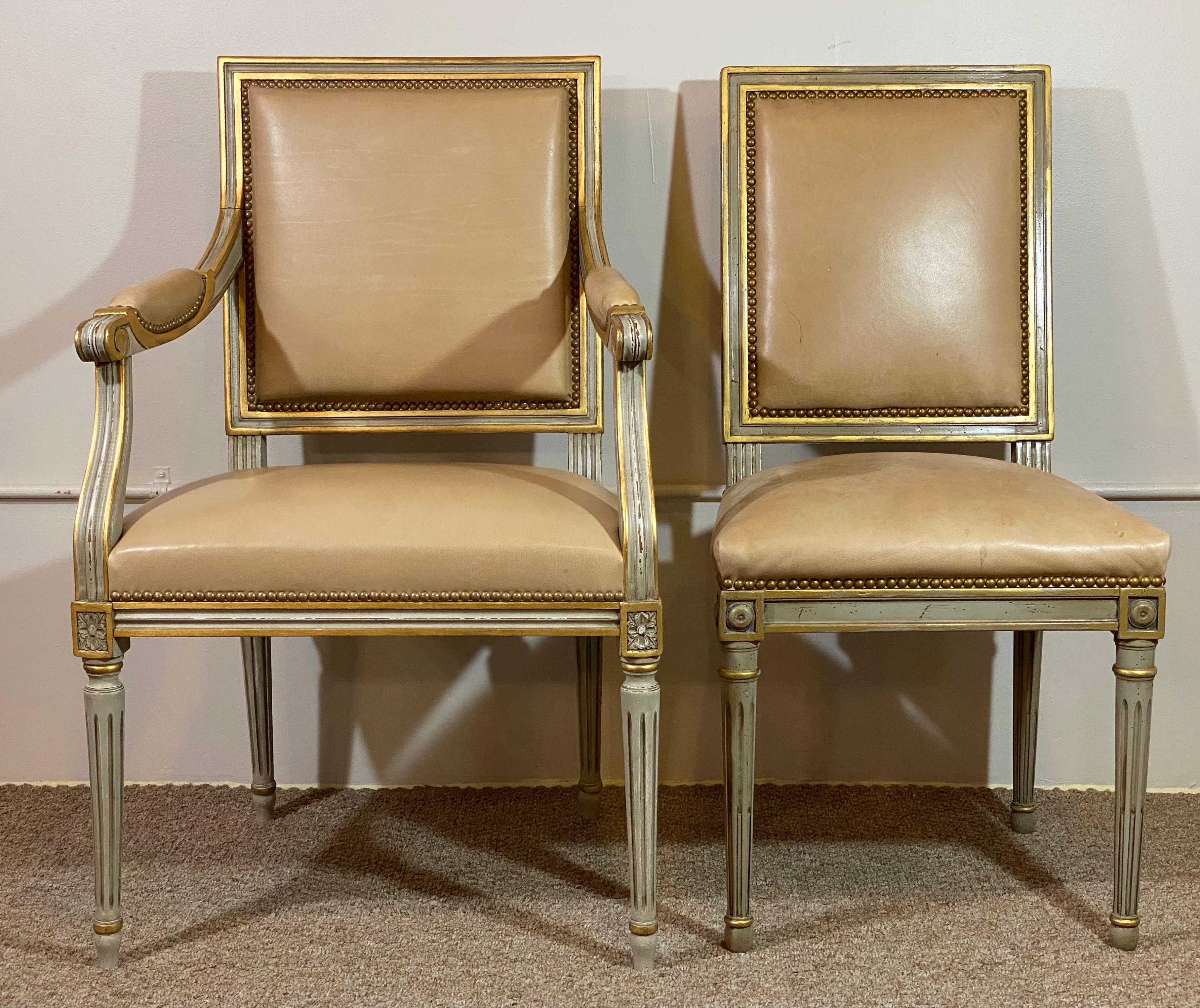 Philippe Coudray, Louis XVI, Dining Chairs, Grey Wood, Tan Leather, Paris, 2000s In Good Condition In Stamford, CT