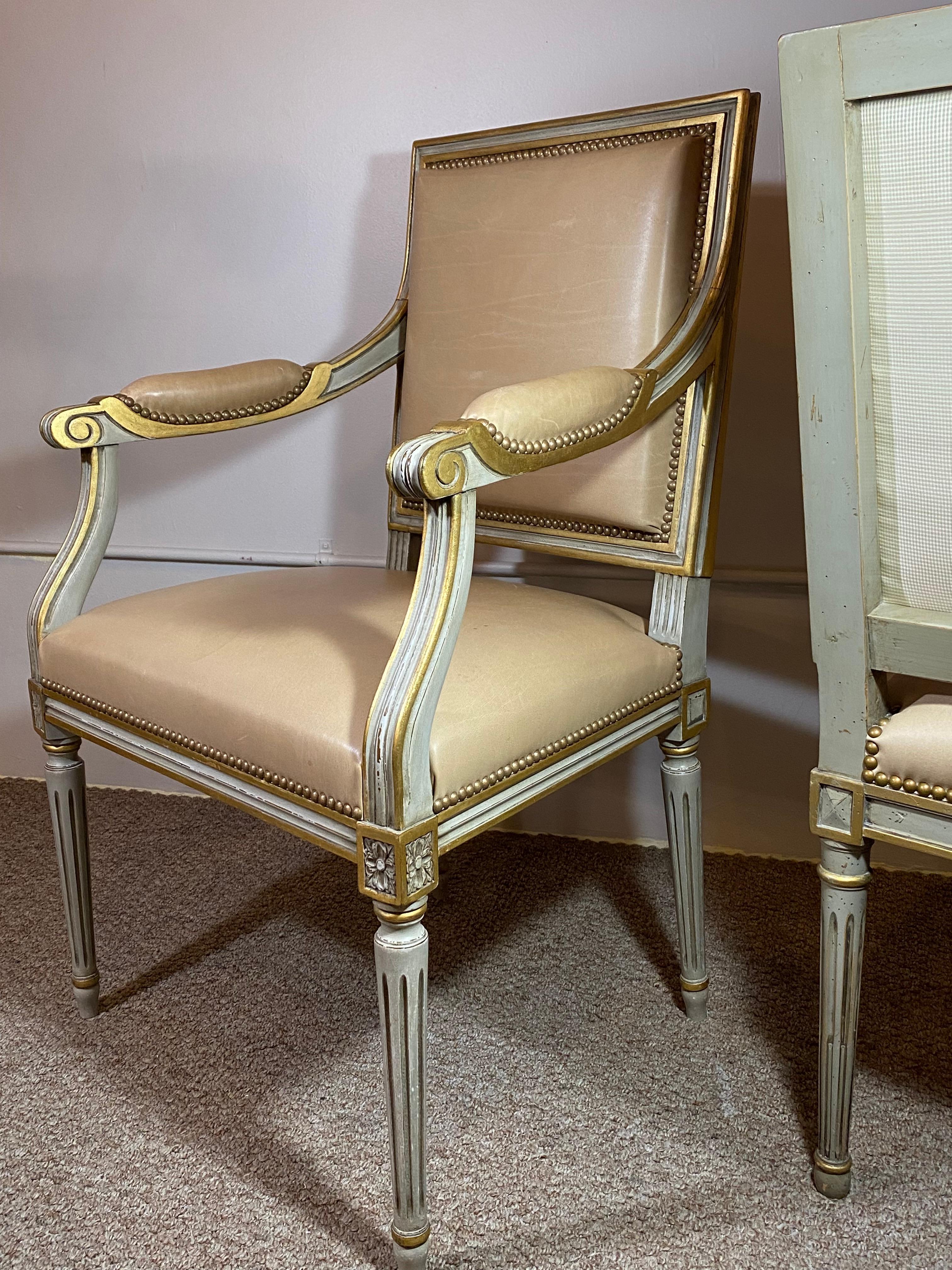 Contemporary Philippe Coudray, Louis XVI, Dining Chairs, Grey Wood, Tan Leather, Paris, 2000s