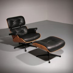 Eames Lounge Chair und Ottoman, schwarzes Leder, Vintage aus den 1960er Jahren