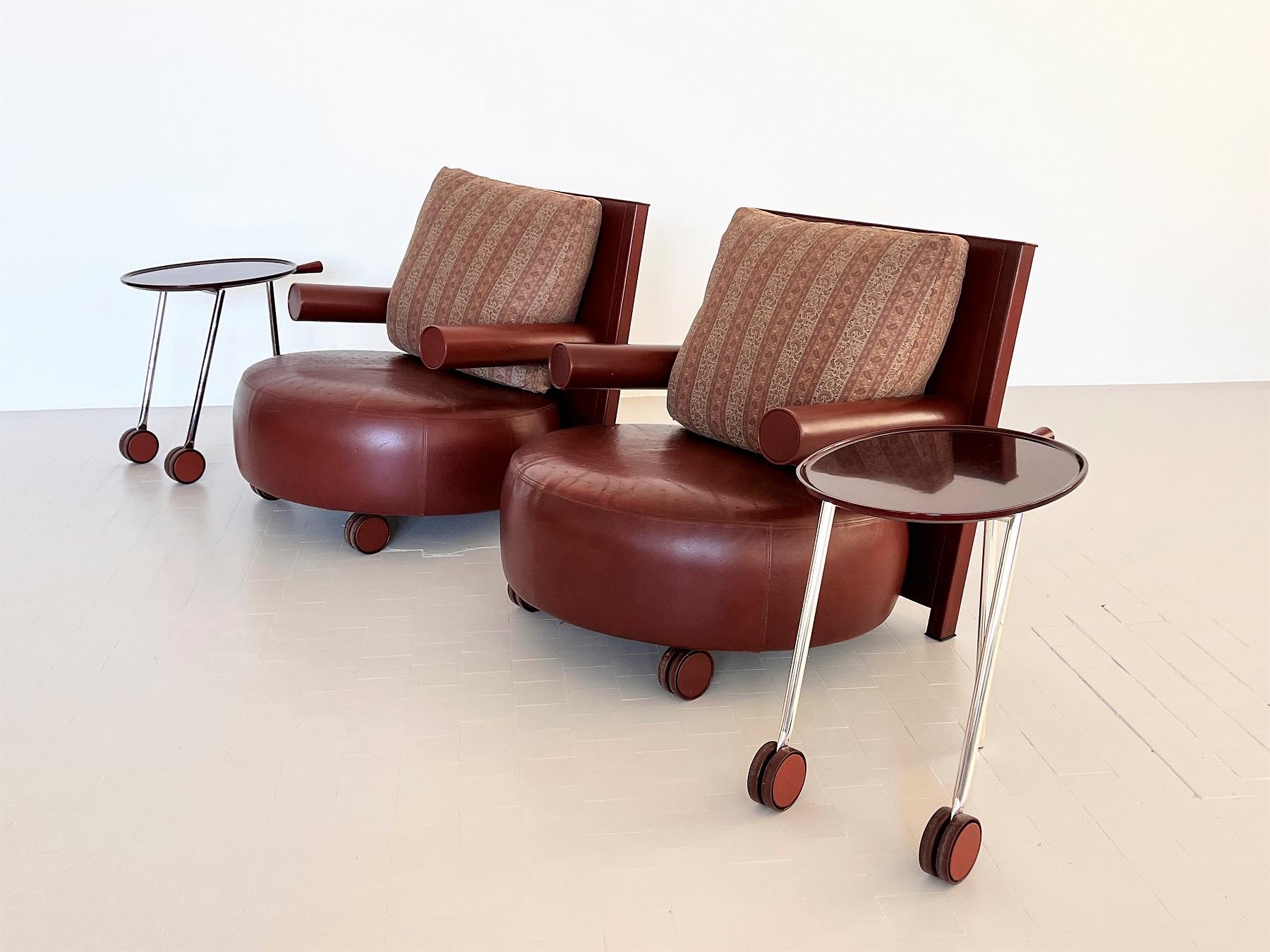 Mid-Century Modern Set of 2 Lounge Chairs BAISITY with Rolling Side Tables by Antonio Citterio 1980