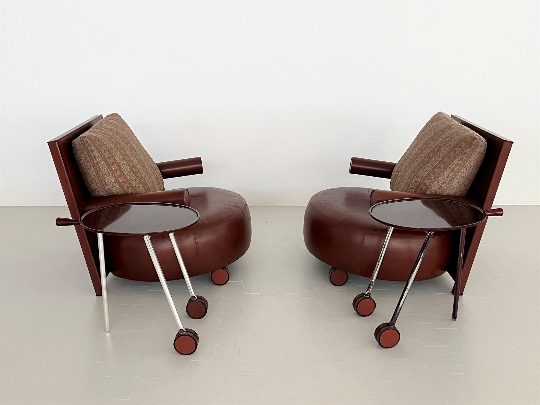 Set of 2 Lounge Chairs BAISITY with Rolling Side Tables by Antonio Citterio 1980 In Good Condition In Morazzone, Varese
