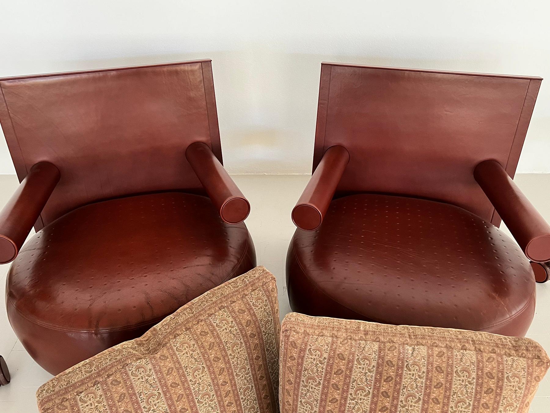 Leather Set of 2 Lounge Chairs BAISITY with Rolling Side Tables by Antonio Citterio 1980