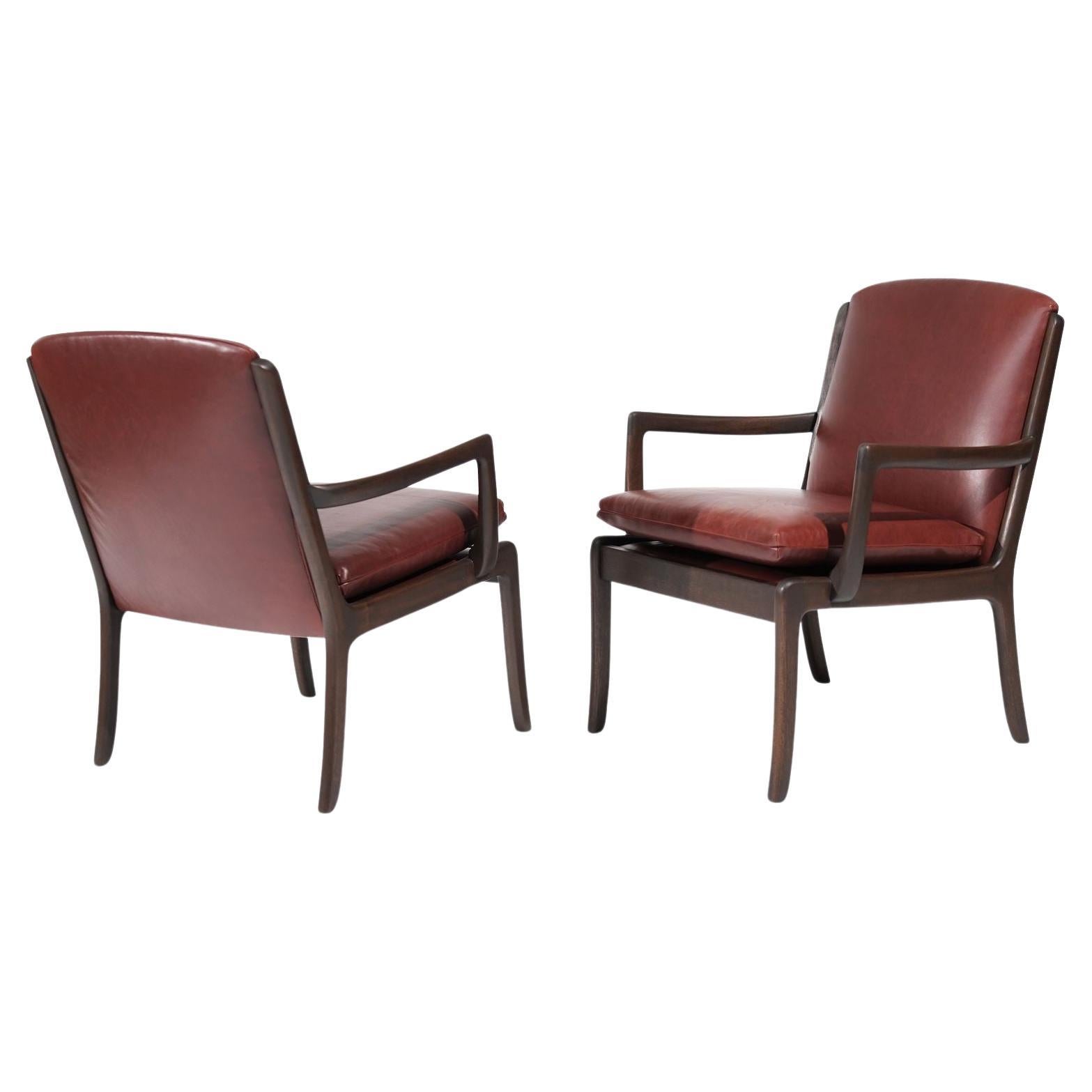 Set of Lounge Chairs by Ole Wanscher in Sangria Leather, Denmark, C. 1960s
