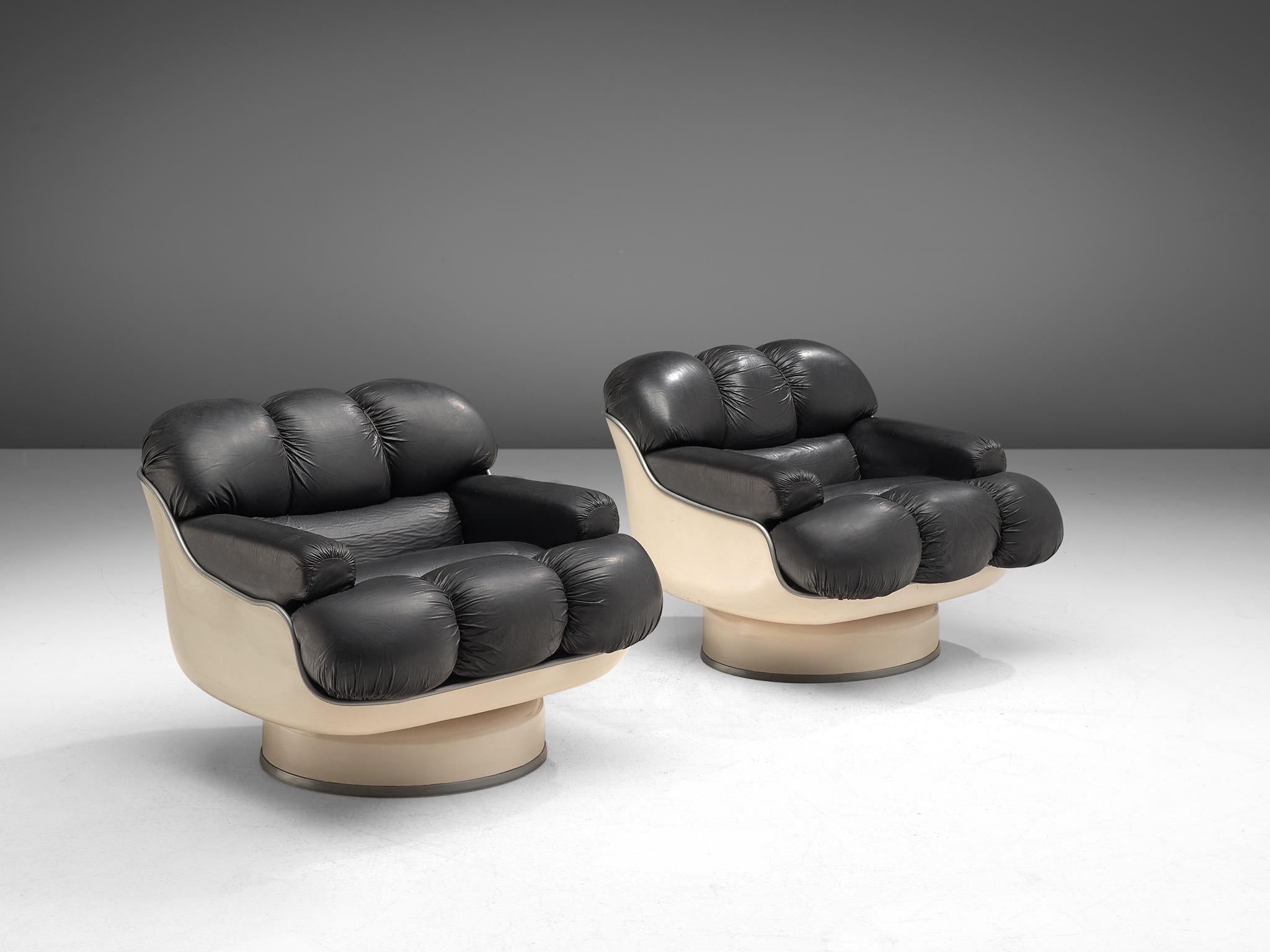 Mid-Century Modern Set of Lounge Chairs in Fiberglass and Black Leatherette, France, 1970s