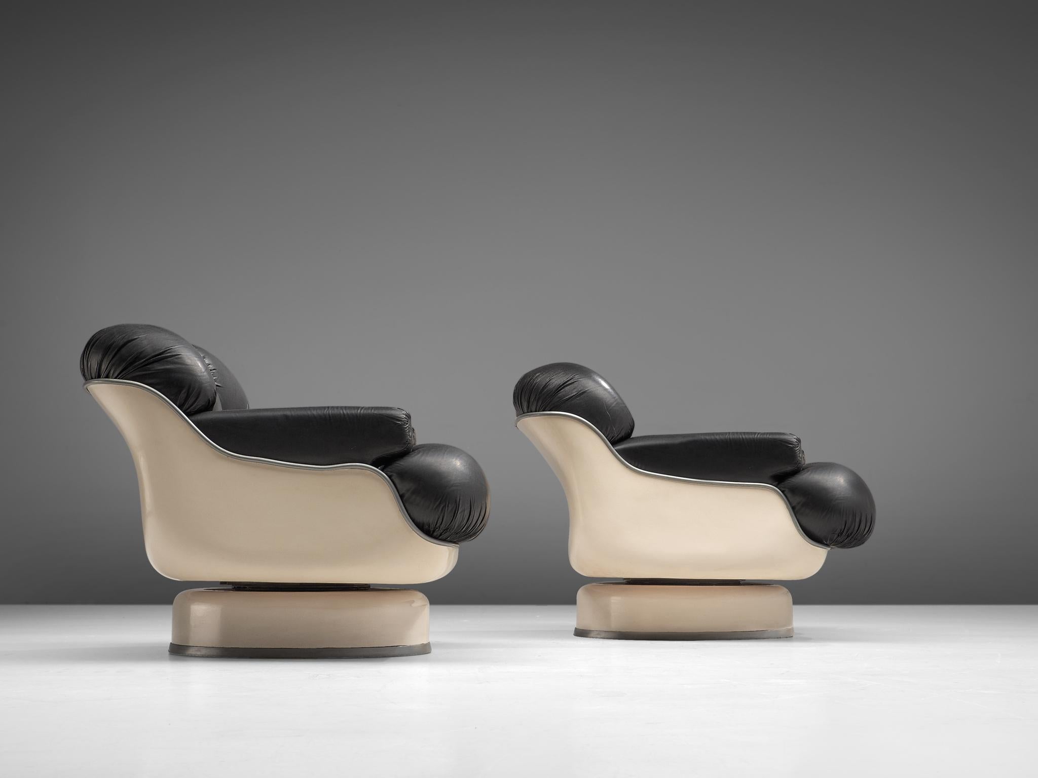 French Set of Lounge Chairs in Fiberglass and Black Leatherette, France, 1970s