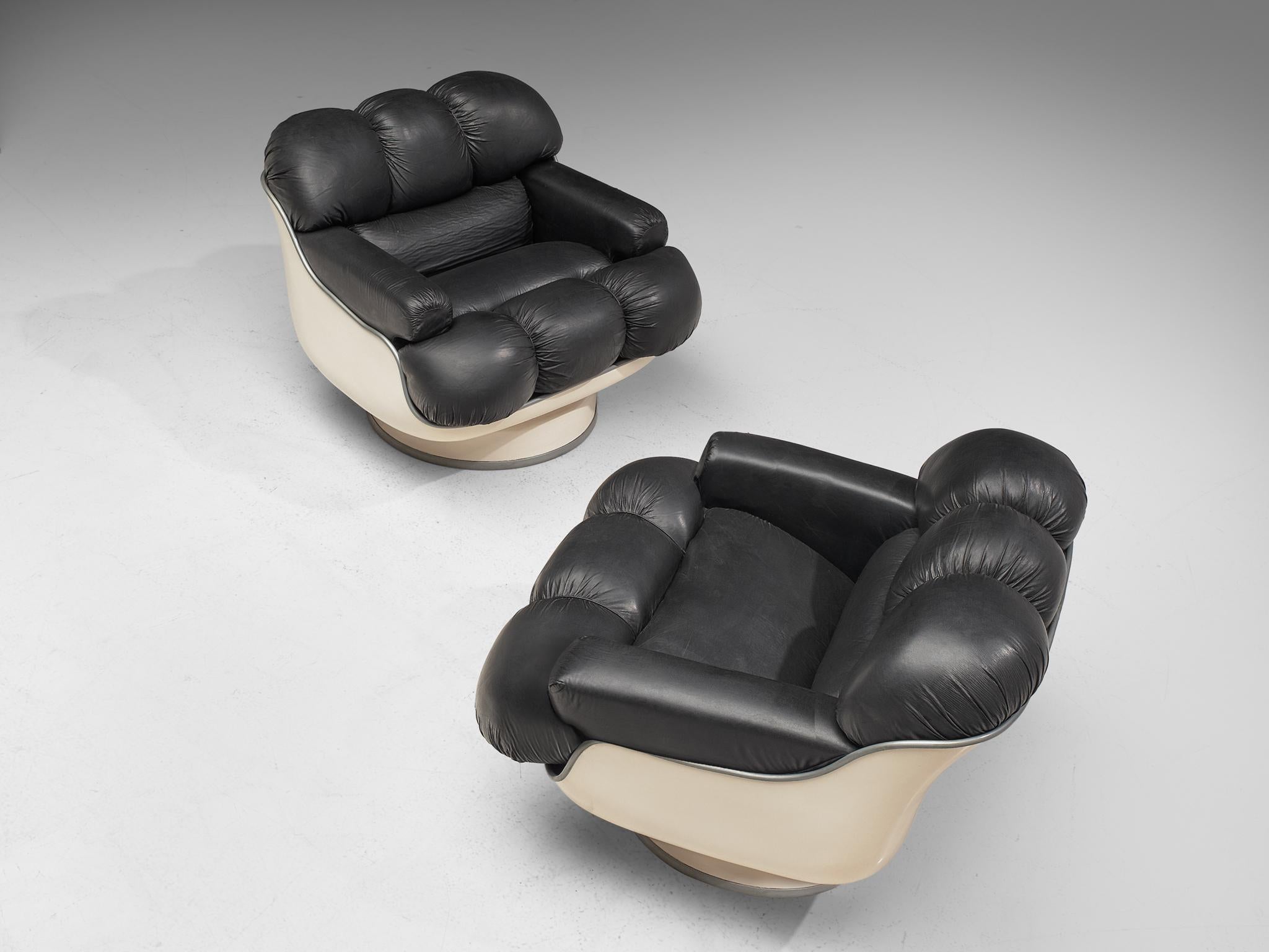 Set of Lounge Chairs in Fiberglass and Black Leatherette, France, 1970s 2