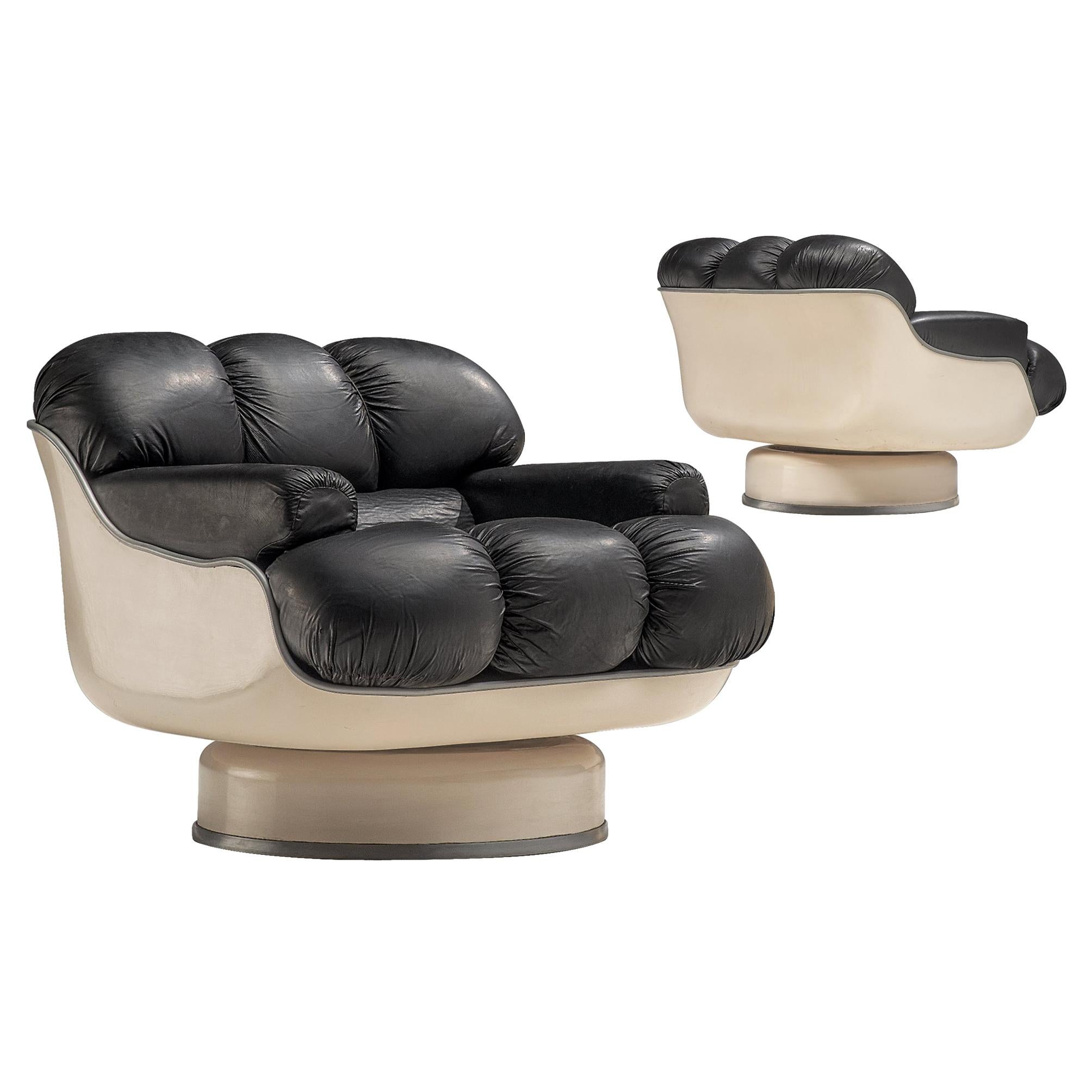 Set of Lounge Chairs in Fiberglass and Black Leatherette, France, 1970s