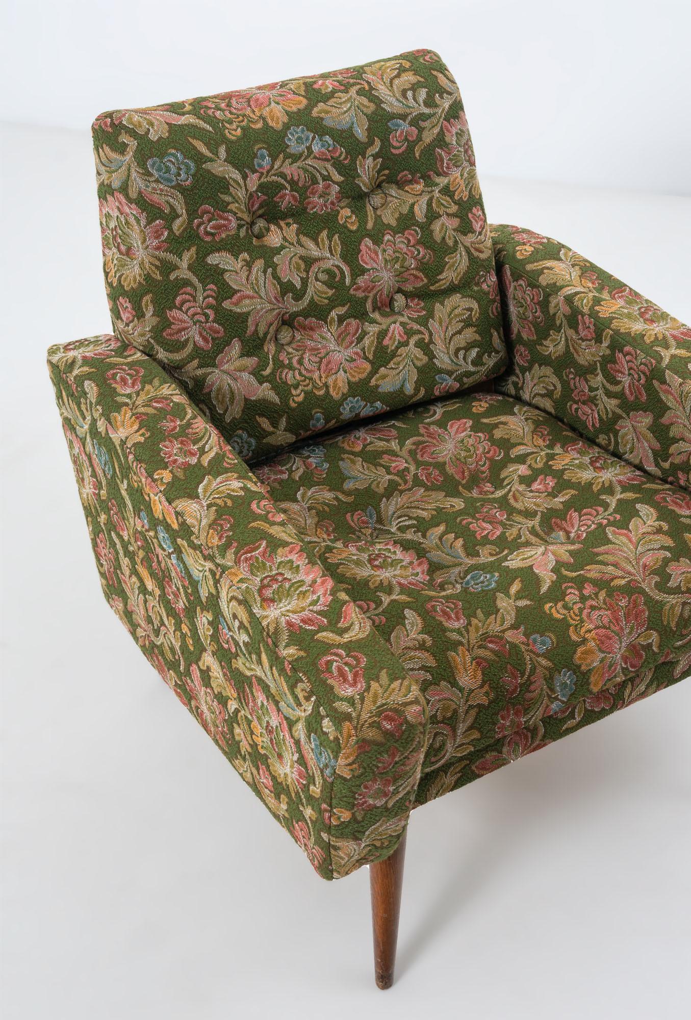 Stained Set of Lounge Chairs in Green Floral Upholstery For Sale