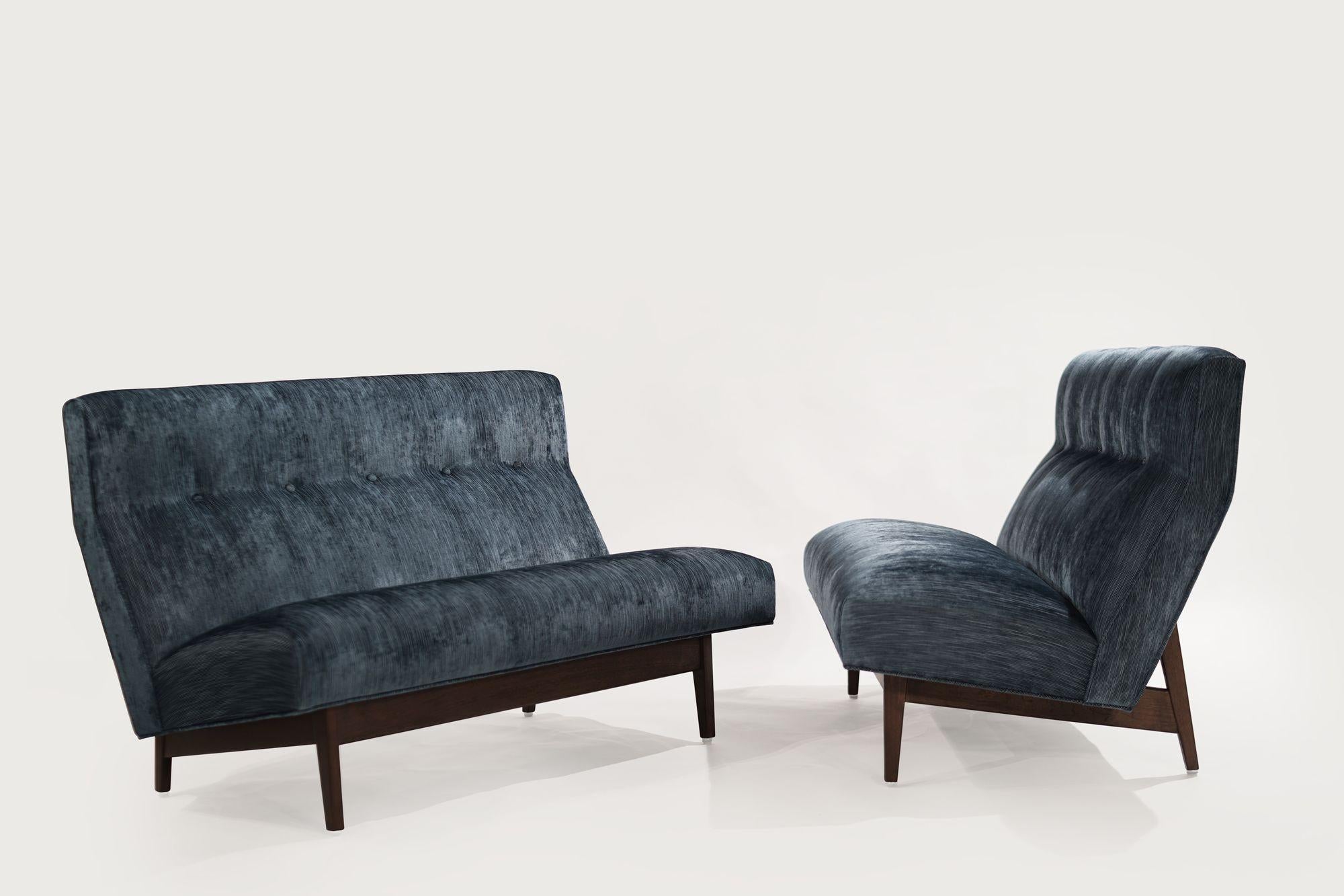 A set of loveseats designed by The Iconic Danish Designer Jens Risom. Restored the way only Stamford Modern does it, fitted with new hand cut, high-grade foam, updated spring system and reupholstered in an embossed velvet with different tones of