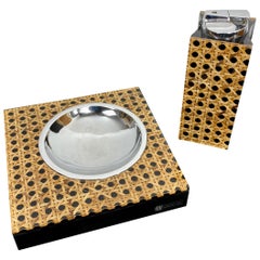 Retro Set of Lucite and Wicker Table Lighter and Ashtray by Felice Antonio Botta 1970s