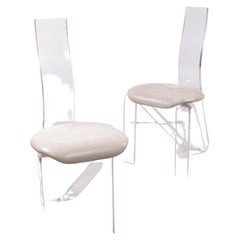 Set of Lucite Plexiglass Dining Room Chairs with Leather Seat, 1970