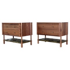 Set of Mae Solid Wood Nightstands / End Table with Leather Shelf,  Ready To Ship