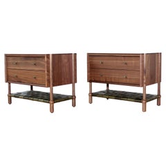 Set of Mae Solid Wood Nightstands / End Table with Leather Shelf, Ready To Ship