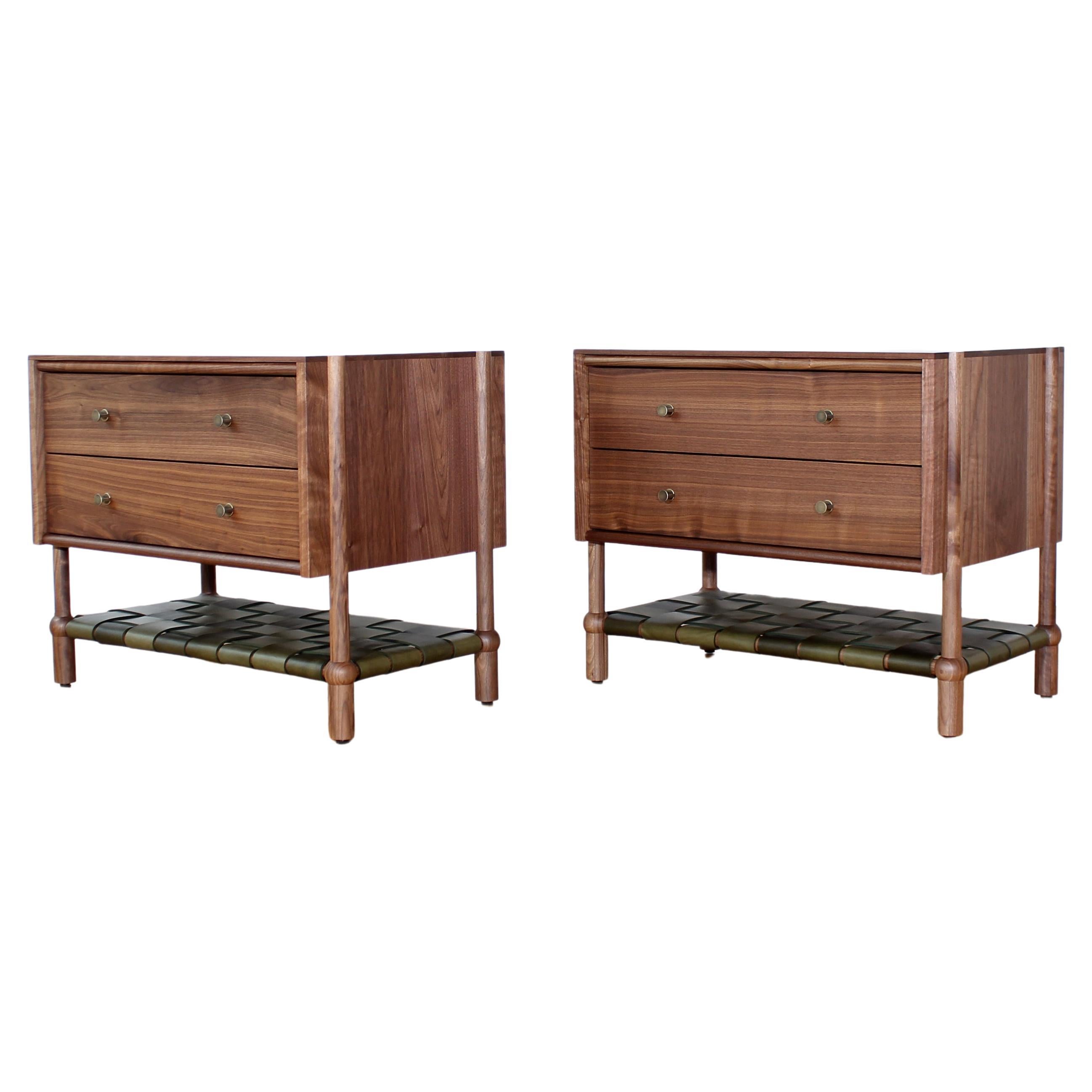 Set of Mae Solid Wood Nightstands / End Tables with Leather Shelf  For Sale