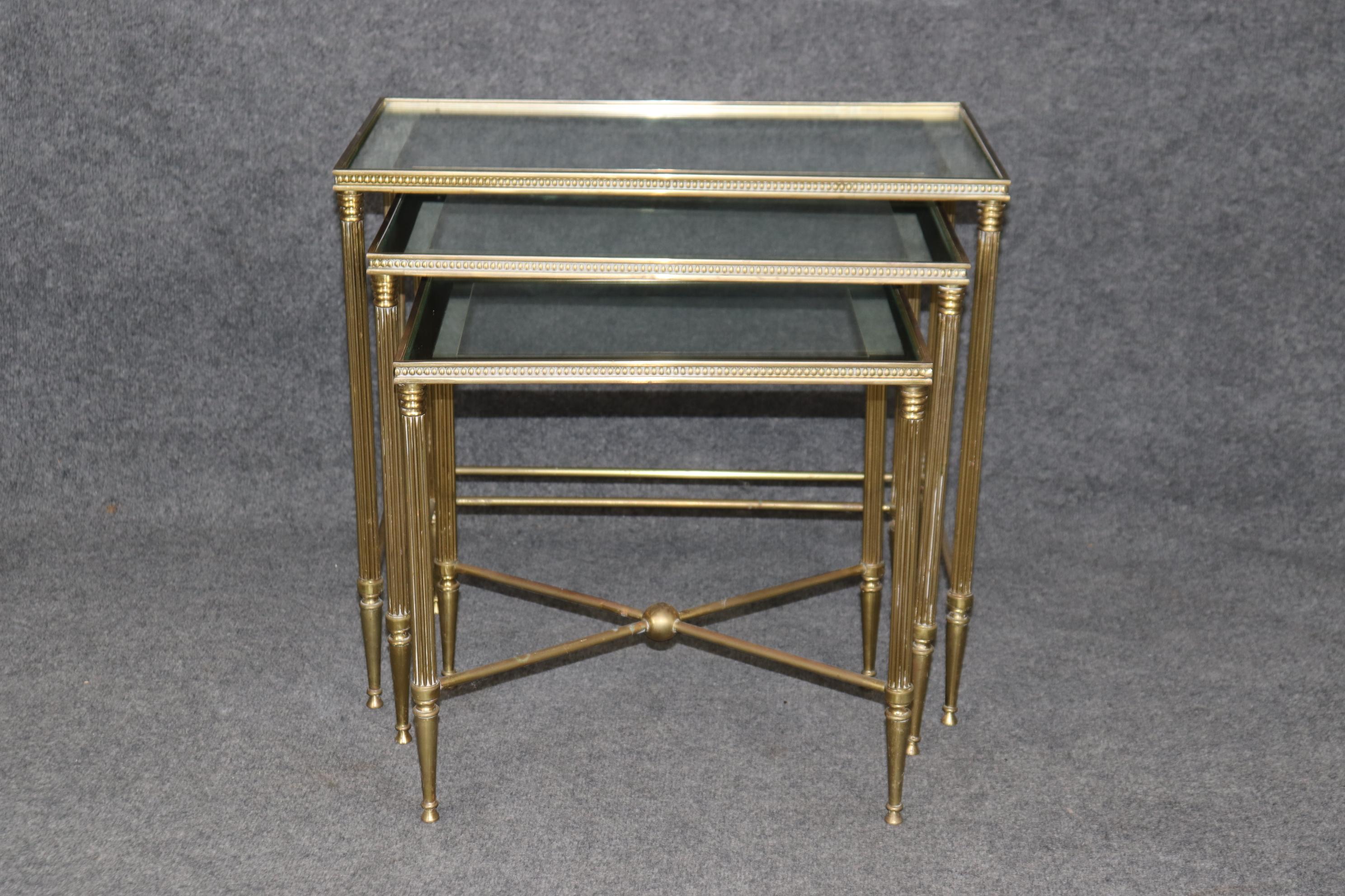 French Set of Maison Jansen Hollywood Regency Style Brass Nesting Tables For Sale
