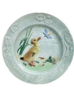 Juego de platos de mayólica con 5 pájaros Saint Clement circa 1900