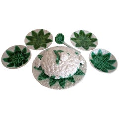 Set of Majolica Pottery Cauliflower Tureen Box Dishes, Tray Platter, Cover
